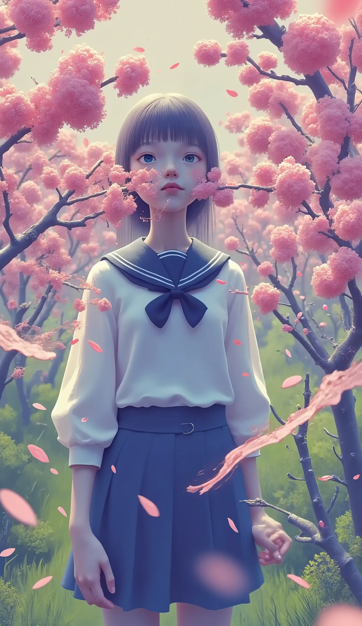 young girl putting down her left leg, 満開の桜の枝に彼女の顔teeth隠れています, stands in a dreamy landscape. 彼女の髪teethゆるく三つ編みに結ばれ, gently flows down. 彼女teeth紺色の縁取りが施された青いスカートと白いセーラーカラーのトップスが特徴の日本の伝統的な制服を着ています. flowers around her 々teeth, vivid and slightly hazy, makes you ...