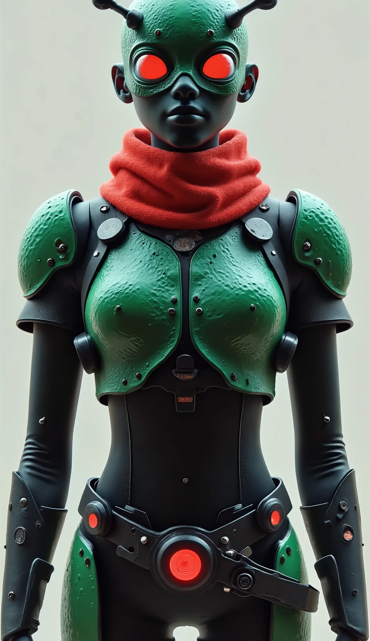 A striking character stands in the center of the frame, Decorated with an elaborate outfit reminiscent of futuristic armor, Influenced by insect motifs, text indicating that it is from. The helmet features two prominent antennae and a large, Red compound e...