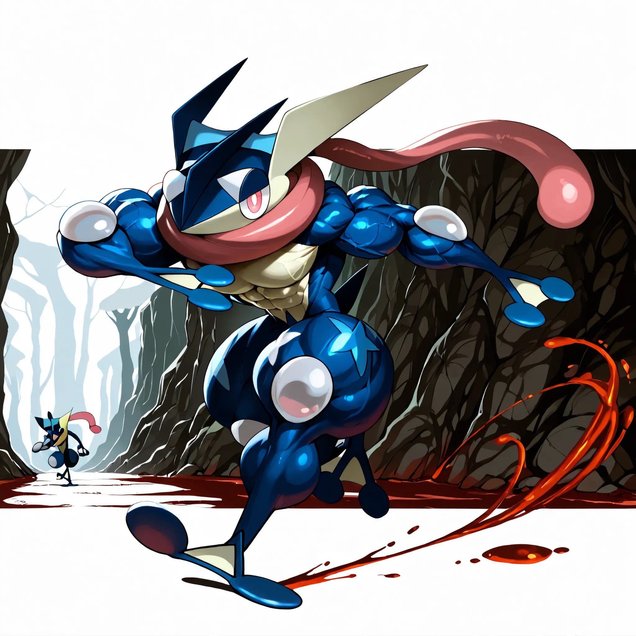 solo, full body, running, BREAK Greninja(Pokémon), Pokémon(creature), greninja_default, BREAK big eyes, round eyes, slant eyes, reddish pink eyes, looking at viewer, smile, BREAK Huge and strong body of overwhelming muscularity, (Hyper Giant muscles), Tone...
