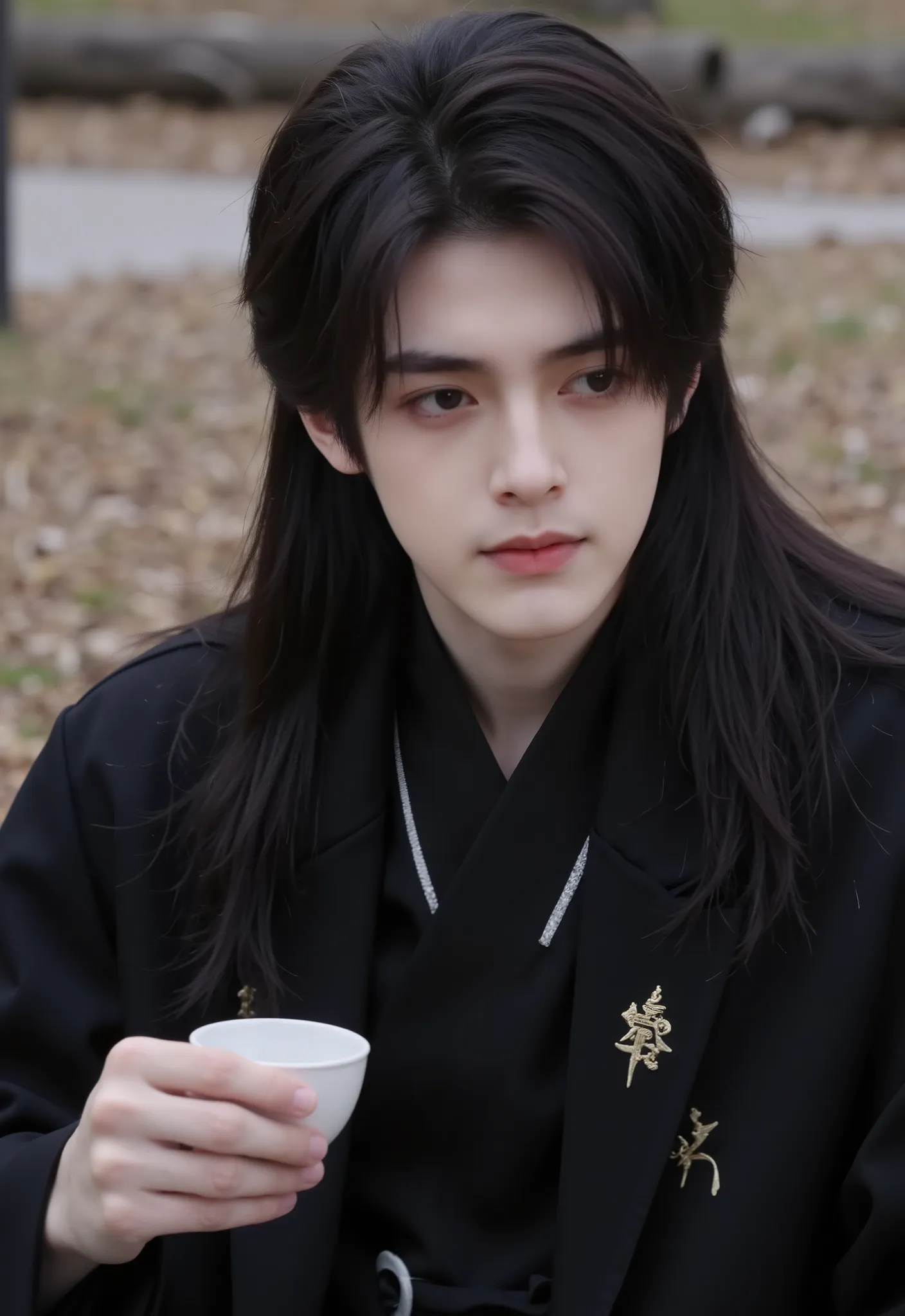 boy , black hair, Gray eyes, Wear black hanfu, long hair, casting hairstyle, Antique style, Chinese people, Tea Party, casting, 4K, เต็ม HD4คนยืนรุมล้อมหญิงสาวอายุ 20 ปี 1 คนlong hair, long hairมาก,