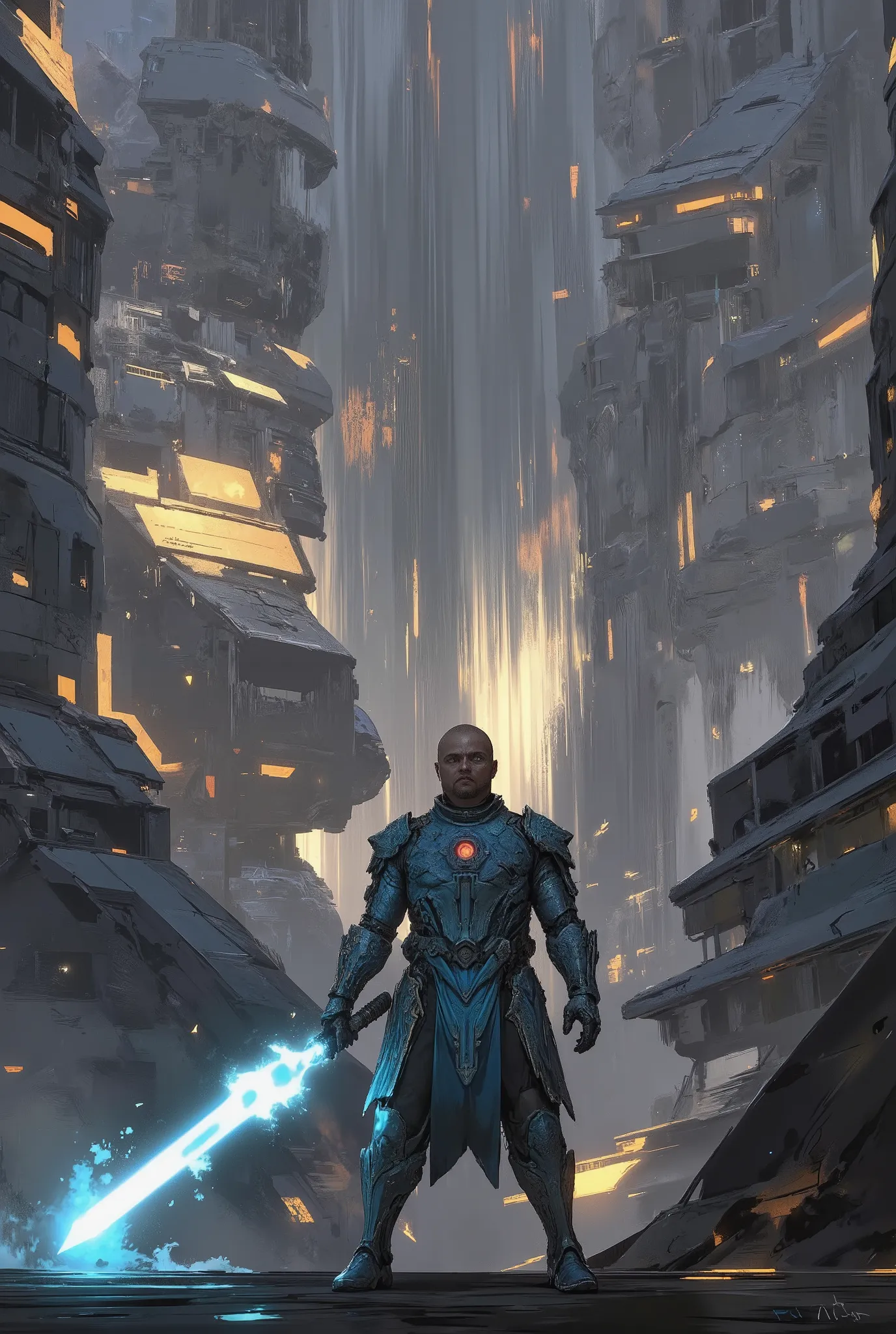 Futuristic urban landscape in the style of works by Vadim Kashin. The stylized fantasy landscape is a collection of complex multi-scale architectural structures demonstrating a combination of angular and smooth lines combined with spectacular dramatic ligh...