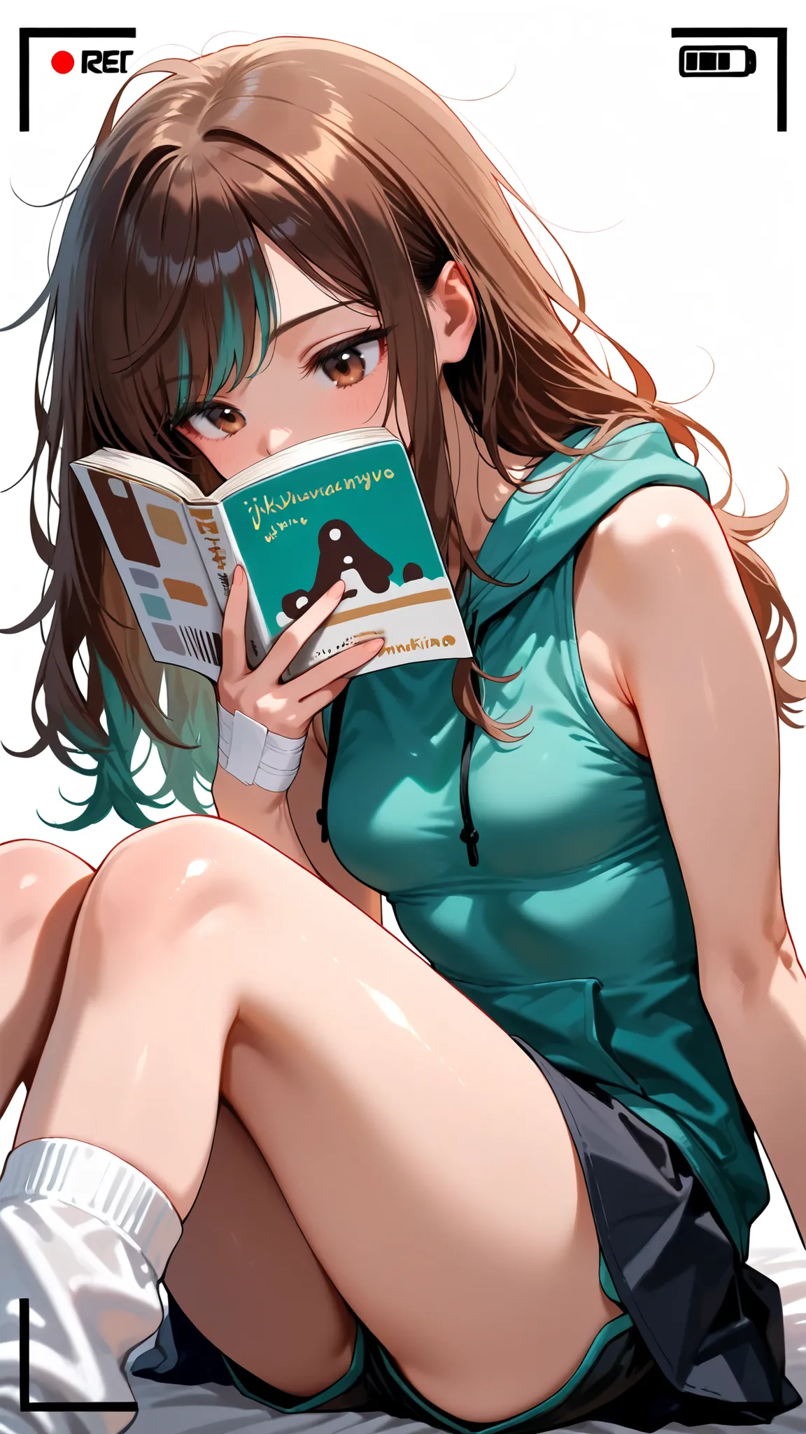 (Masterpiece, best quality), intricate details, JK,, close up, open book, reading book, looking at book, brown eyes, messy hair, very long brown hair with teal highlights, sleeveless hoodie, teal hoodie, bare arms, black pleaded skirt , short shorts under...