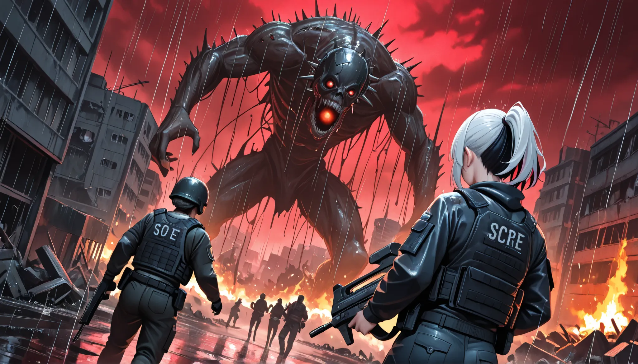 6+boys, {1girl}: (athletic body , multicolored hair ,(white hair: 1.2, black inner hair), short hair, ponytail, spiked collar), (bulletproof vest, bullpup, helmet, tactical clothes), BREAK , back view, tactical clothes, s.w.a.t., battle, horror (theme) , a...