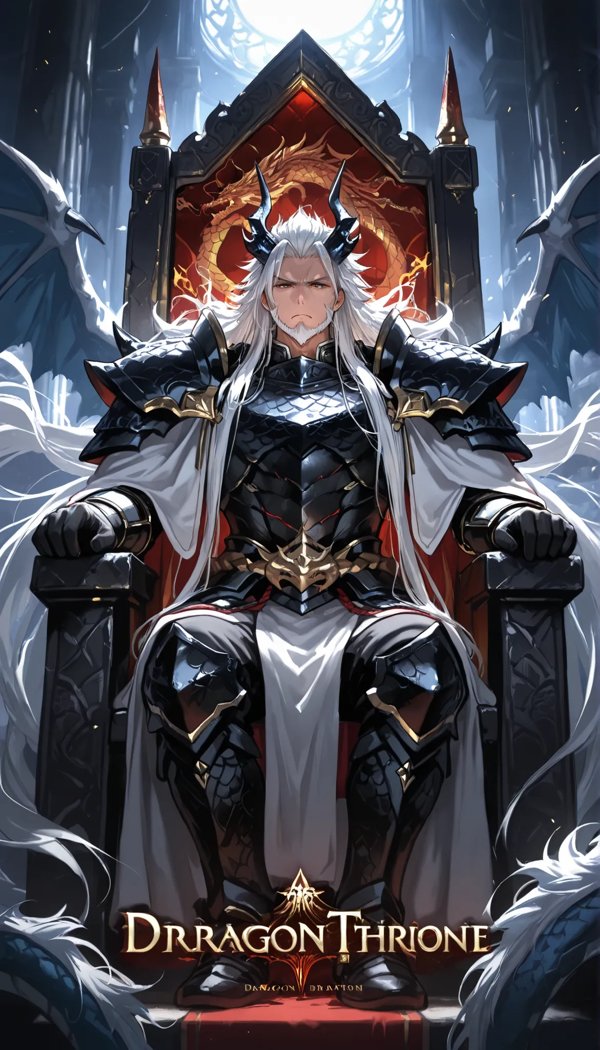 dragon throne, dragon pattern, old male dragon, white hair, very long hair, white beard, black armor, serious face, dragon horn