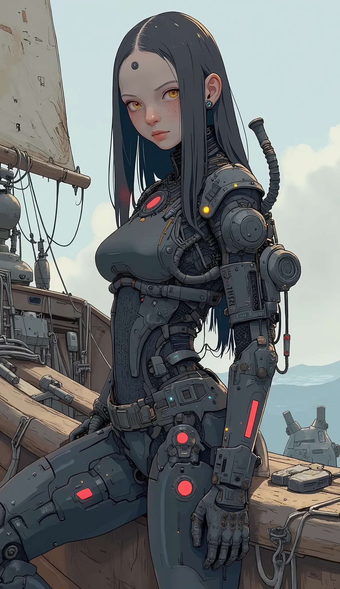 woman、 wear a black suit、gun on a wooden sailboat, girl in mecha Cyber Armor, cyborg wasps , cybersuit, cyberpunk cyborg wasps , perfect anime cyborg woman, Female Cyborg, black and red armor, Female Mecha, female android, Futa Women's Blue Skin Rest , ...
