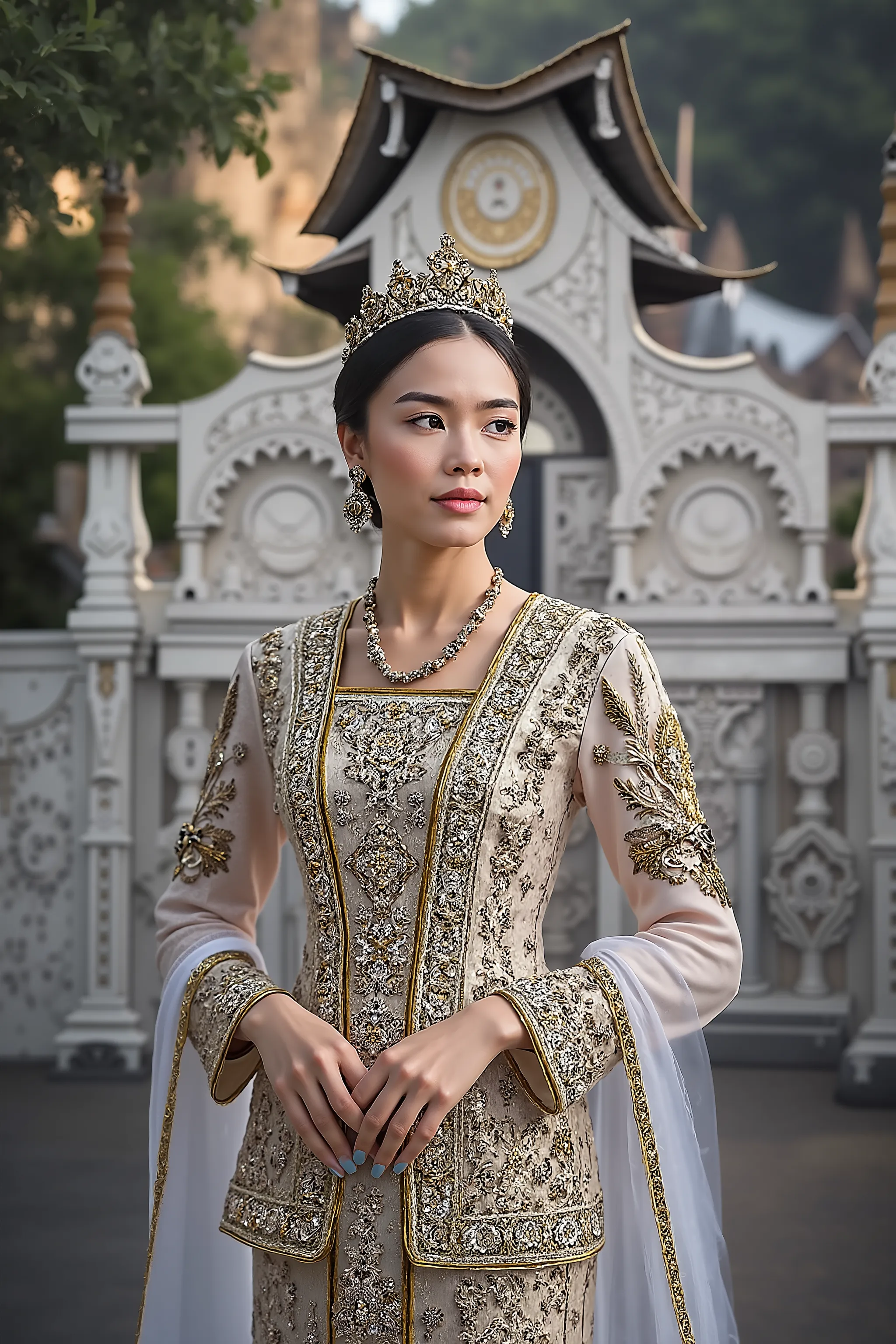 A realistic portrait of a traditional Malay princess from the Malacca Sultanate era, wearing an elegant and intricately embroidered baju kurung with traditional gold jewelry, with vail on her head. Her skin is a little tan, not too bright yet not too dark....