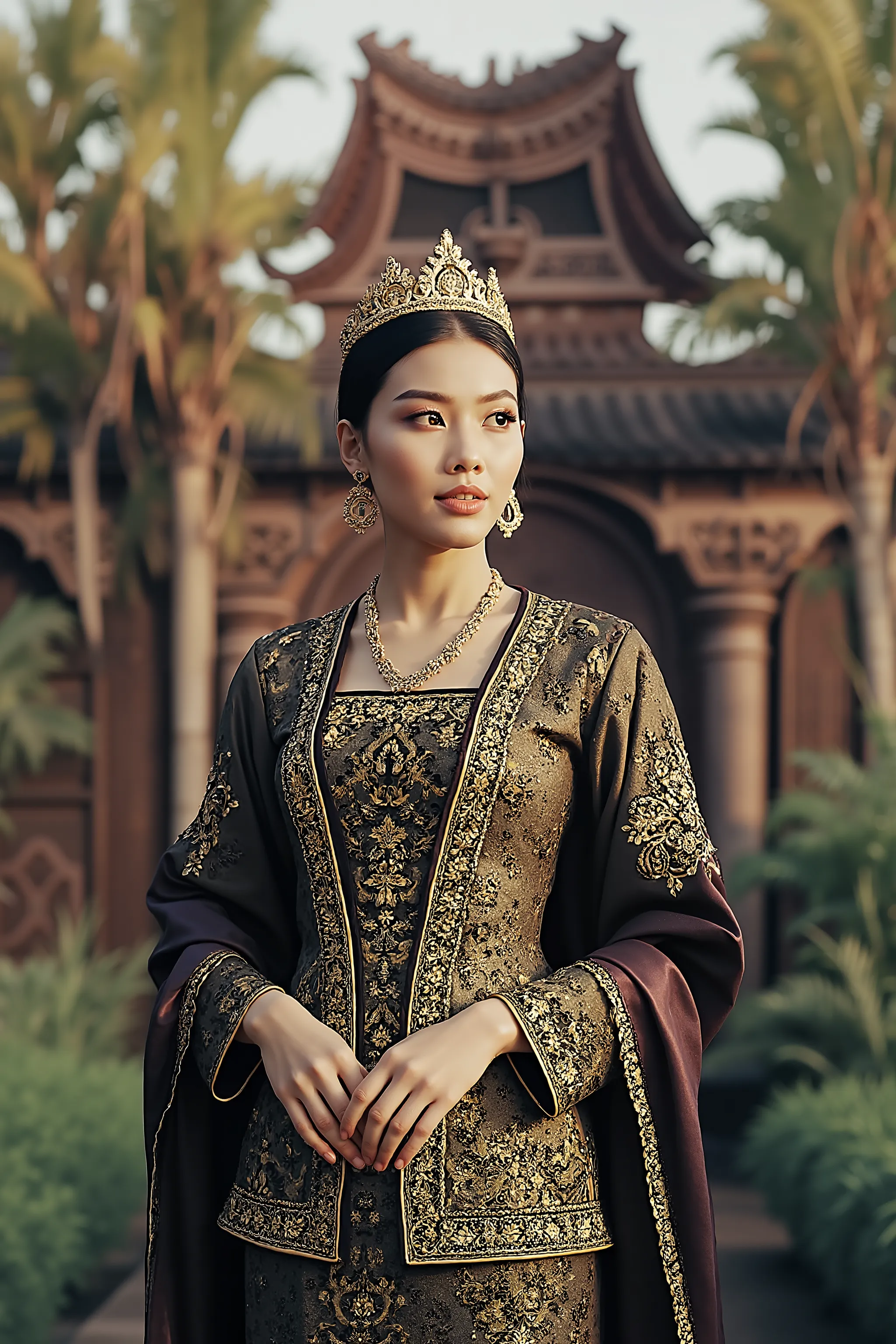 A realistic portrait of a traditional Malay princess from the Malacca Sultanate era, wearing an elegant and intricately embroidered baju kurung with traditional gold jewelry, with vail on her head. Her skin is a little tan, not too bright yet not too dark....