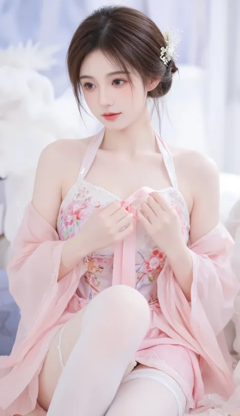 robe, 1 girl, [[ eyes, 白flower, ribbon, Chest, 白色 Chinese clothing , Chinese clothing , skirt, flower, Gradient , Gradient background, embroidered ball flower, Watch the audience, small Chest, white pantyhose, Single, thigh 连裤袜