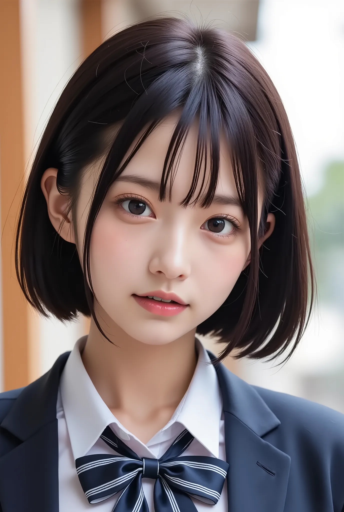 清楚な若い女性、、close your mouth:1.2、realistic、Photorealistic、very detailed、The inside with the most detailed skin、best quality、masterpiece、Ultra high definition、very short hair、黒髪、Women's College、young girl、、bang、double eyelids、Drooling eyes、The Face of Japan to...