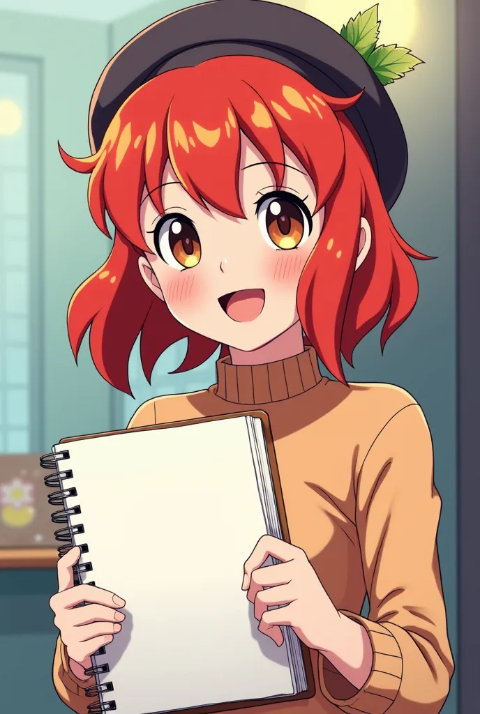 anime style, Japanese woman in her 20s,  redhead, Short bob with neckline jumping up,  beret, smile, holds a large sketchbook
