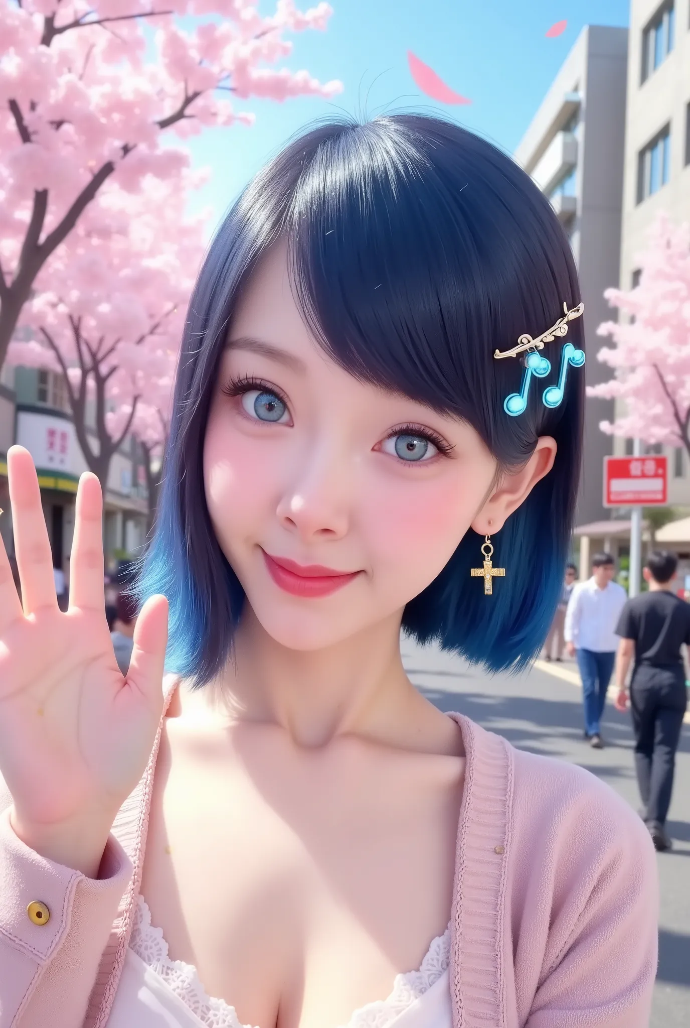  masterpiece , ,top quality , HD images , alone , Woman 1 , blue hair , Shortcuts , with slender oval eyebrows ,Hairpin design with a musical pattern , blue eyes , short hair , earrings, Elegant but slightly lacking in atmosphere,  cheerful appearance , Ra...
