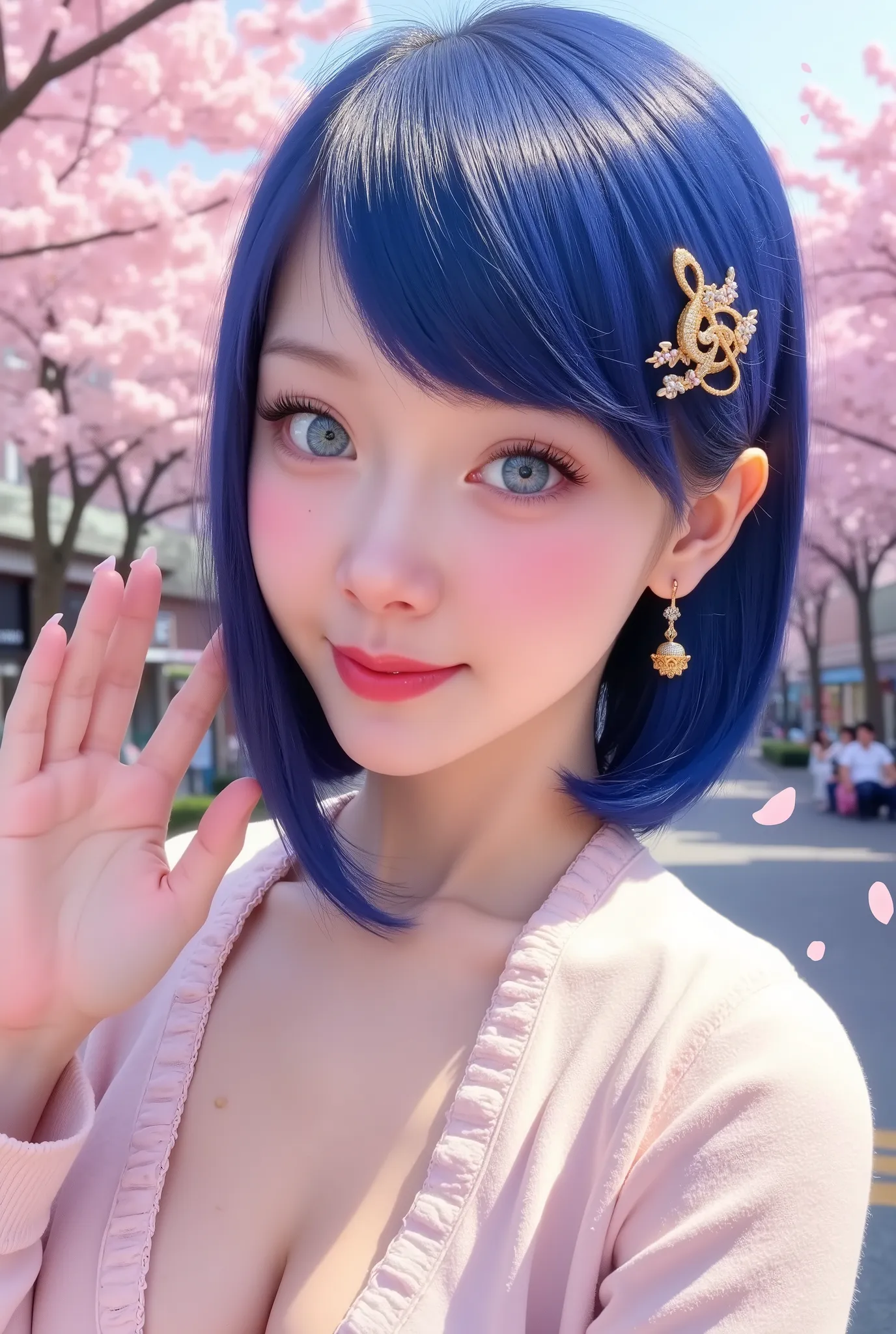  masterpiece , ,top quality , HD images , alone , Woman 1 , blue hair , Shortcuts , with slender oval eyebrows ,Hairpin design with a musical pattern , blue eyes , short hair , earrings, Elegant but slightly lacking in atmosphere,  cheerful appearance , Ra...