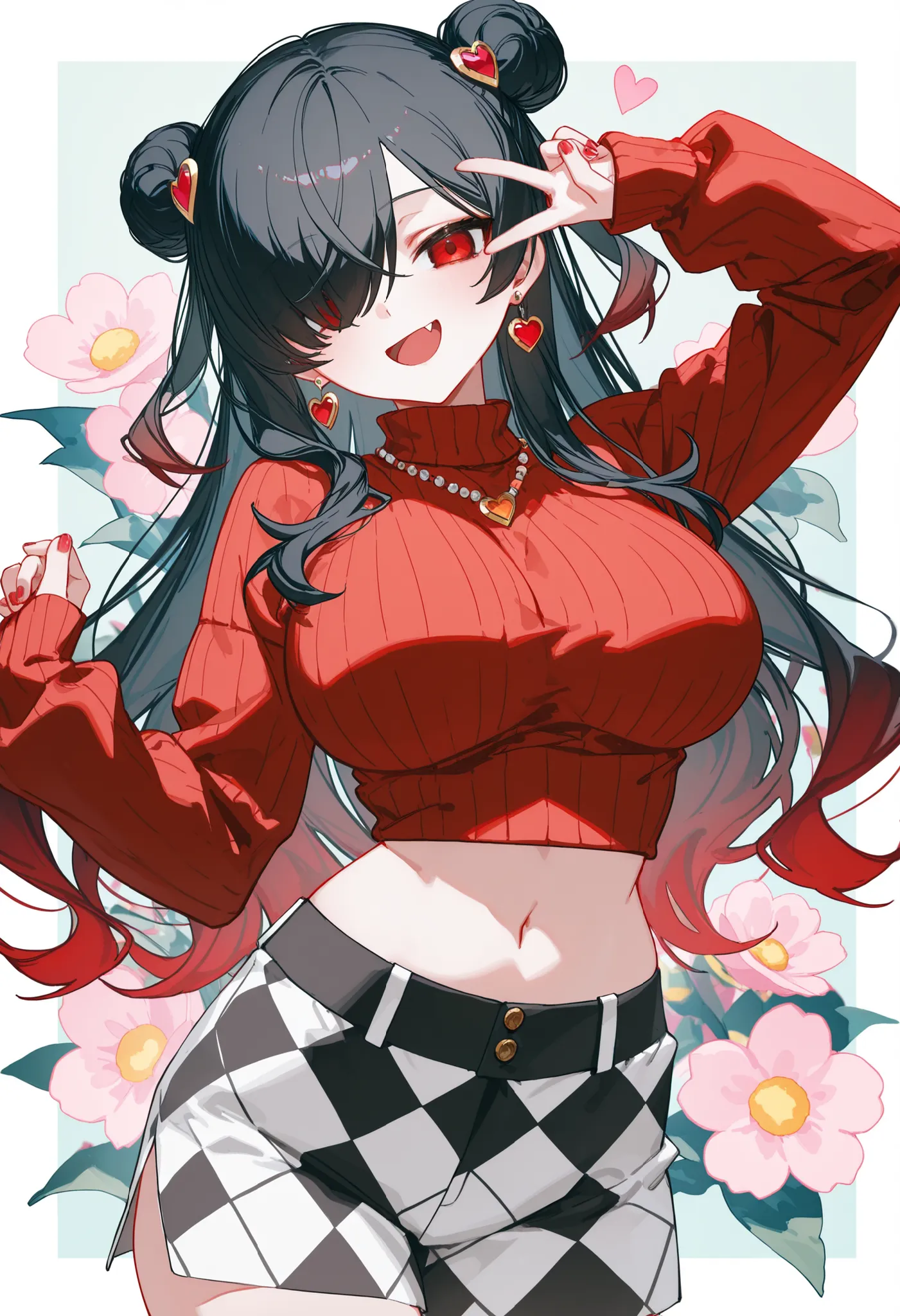[artist:WANKE|artist:free_style |[artist:ningen_mame]|ciloranko],

1 girl, Kuroki Monika, red eyes, gradient hair, black hair, red hair, long hair, asymmetrical hairline, hair over right eye, ((large breasts)), (petite but curvy), very cute, lovely, argyle...