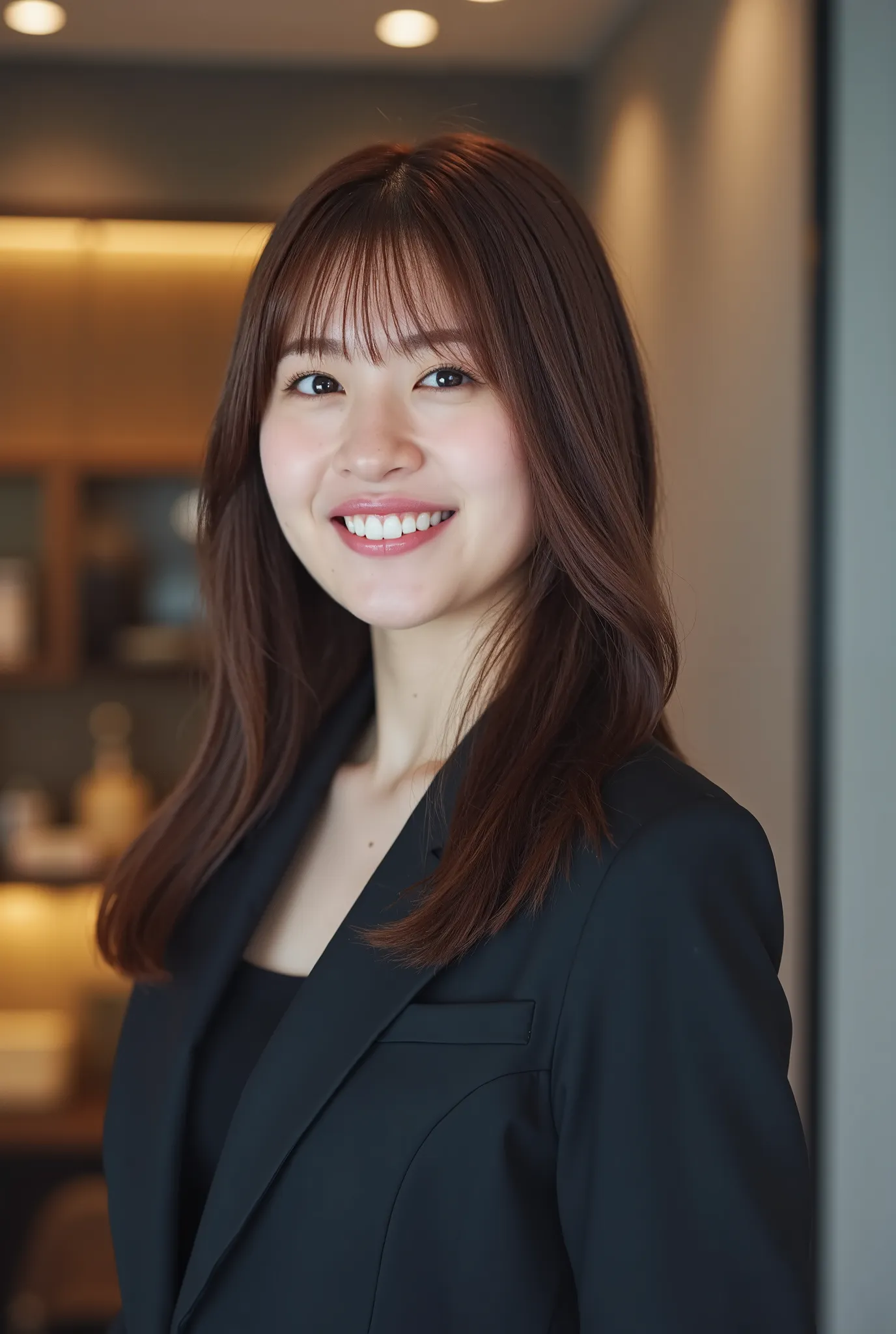 Neat Young Woman、and look at the camera、smile showing teeth、office lady suit、jacket、shirt、髪型ショートカット、 、dark eyeshadow、upper body、Background is in a room、
