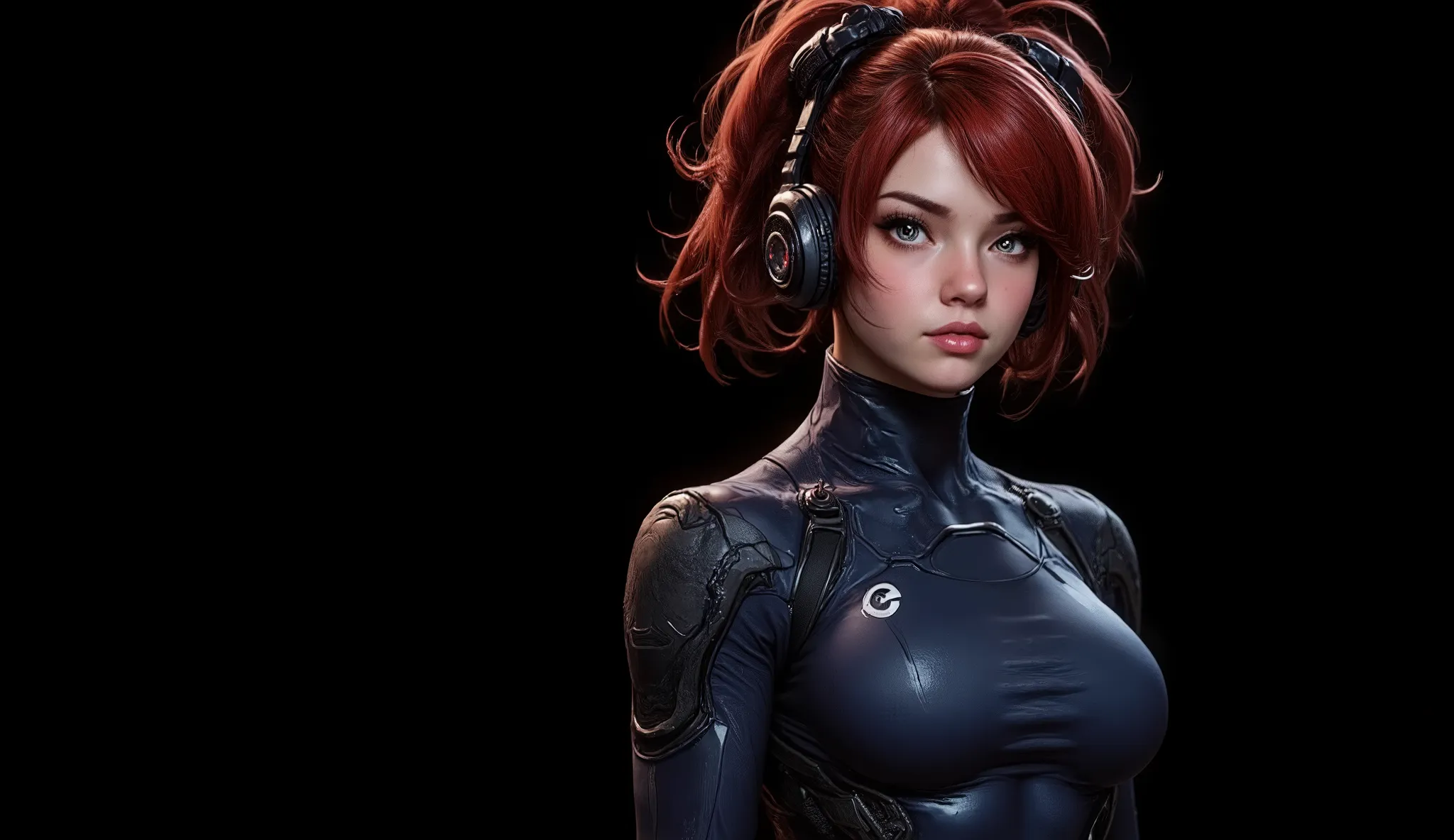 Side shot of the bust from head to chest of a 20 year old woman, high quality, 4k, she is a futuristic warrior, very pretty, redhead with abundant hair and two pigtails one on each side of the head, her wavy and messy hair falls on her small breasts. Tiny ...