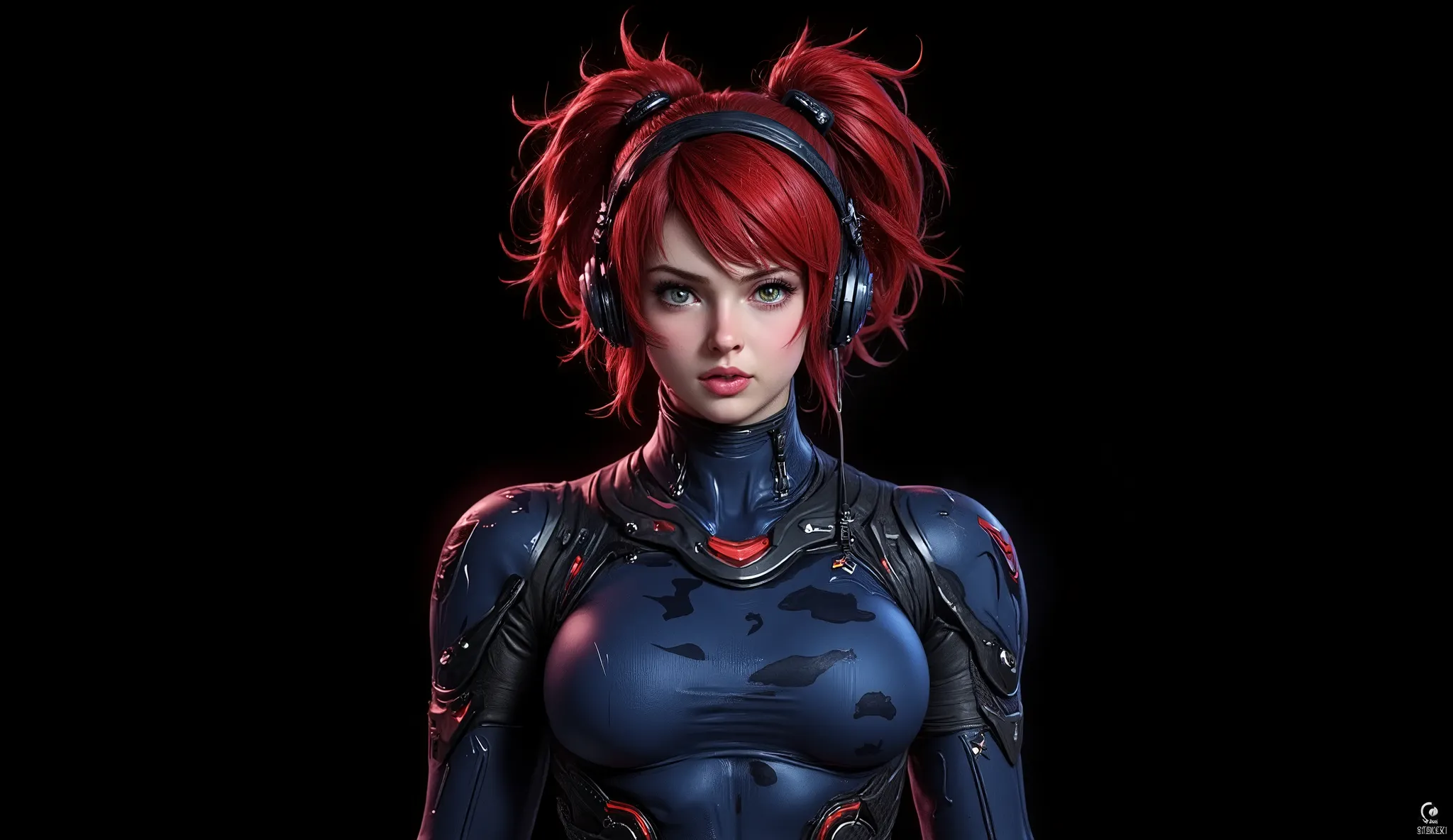 Side shot of the bust from head to chest of a 20 year old woman, high quality, 4k, she is a futuristic warrior, very pretty, redhead with abundant hair and two pigtails one on each side of the head, her wavy and messy hair falls on her small breasts. Tiny ...