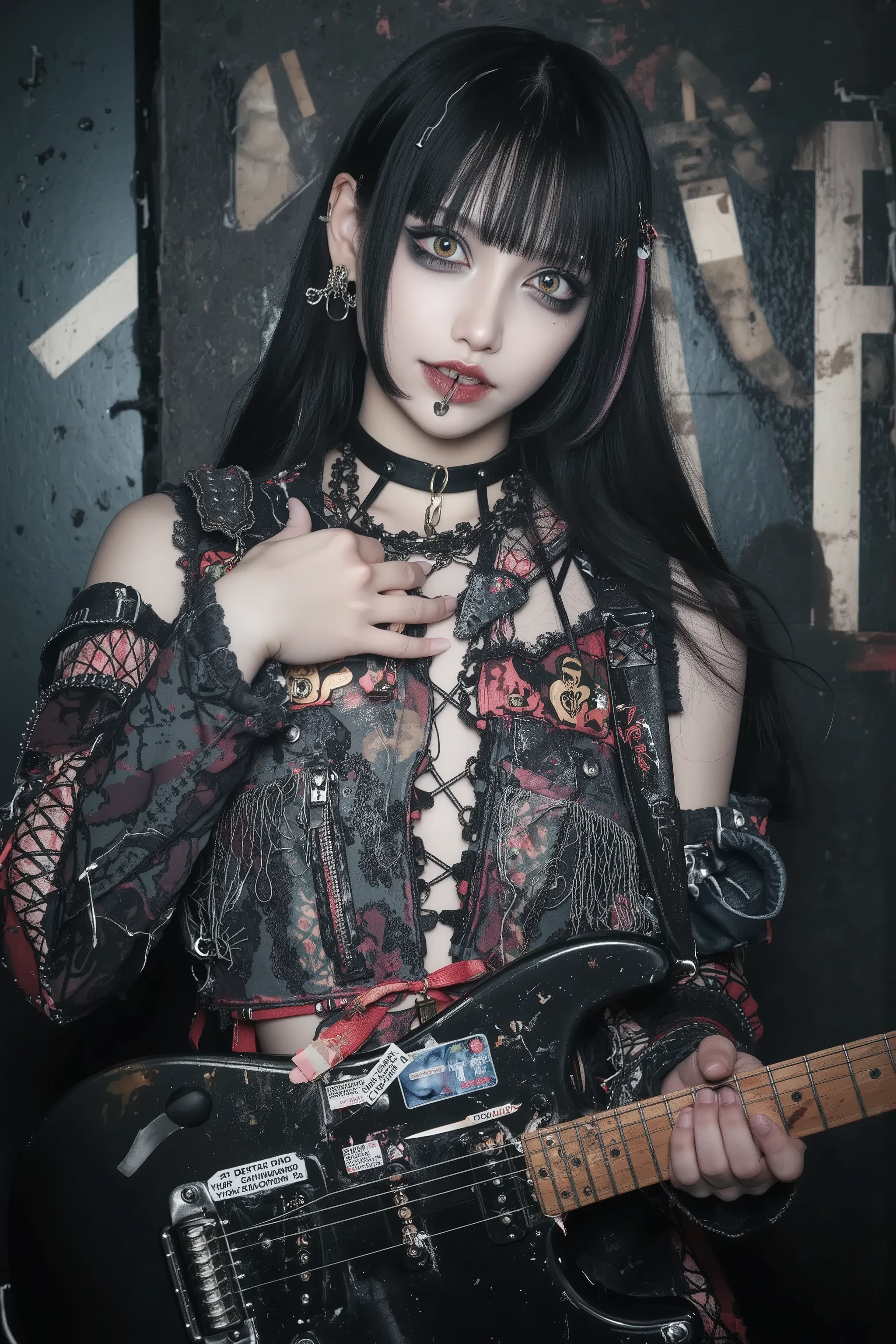 1 girl,beautiful face,play guitar,heavy metal band,bandege clothes,in backstage,fashion portrait,artist photoshoot,cinematic,dramatic,