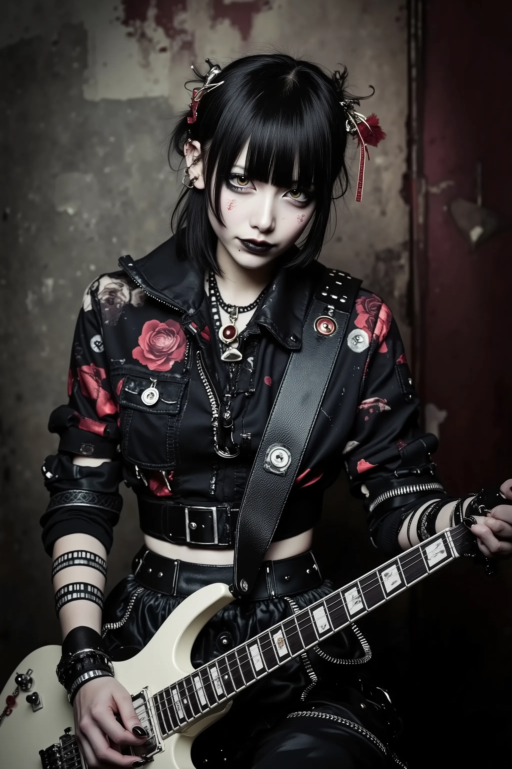 1 girl,beautiful face,play guitar,heavy metal band,bandege clothes,in backstage,fashion portrait,artist photoshoot,cinematic,dramatic,