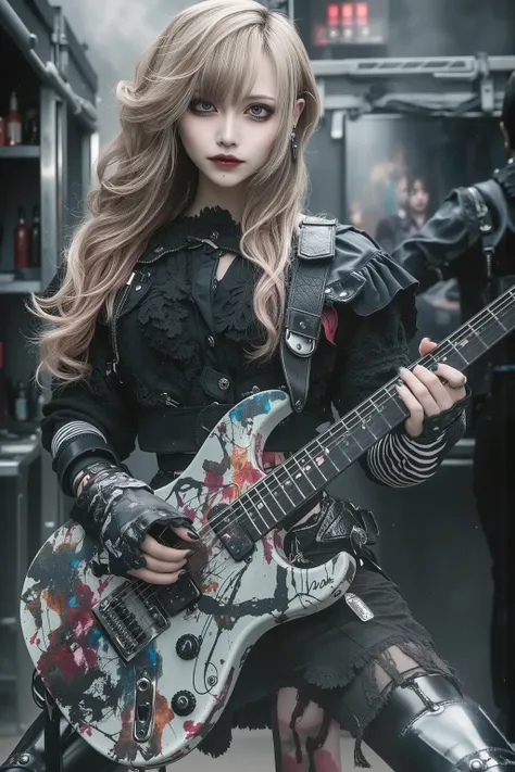 1 girl,beautiful face,play guitar,heavy metal band,bandege clothes,in backstage,fashion portrait,artist photoshoot,cinematic,dramatic,