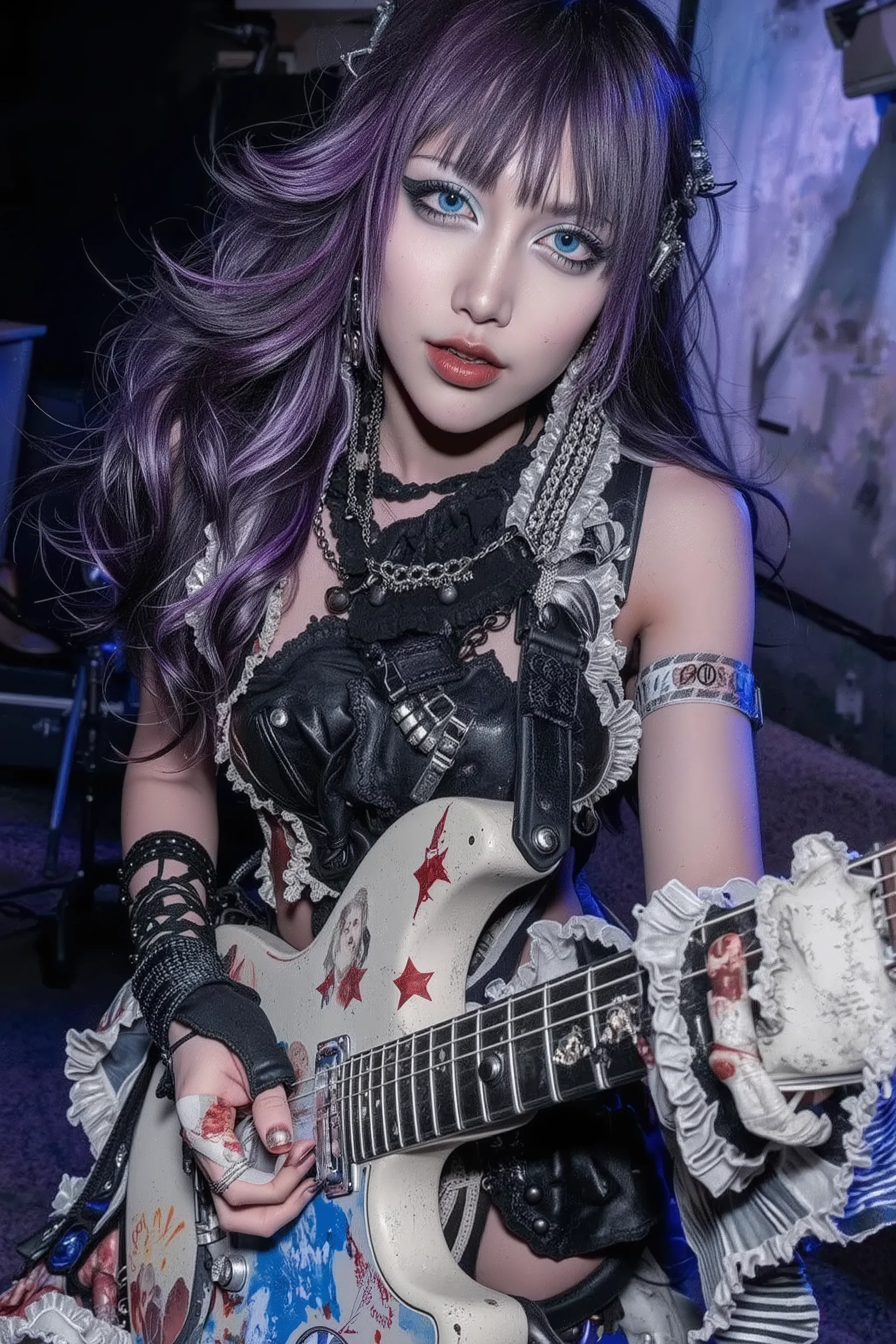 1 girl,beautiful face,play guitar,heavy metal band,bandege clothes,in backstage,fashion portrait,artist photoshoot,cinematic,dramatic,