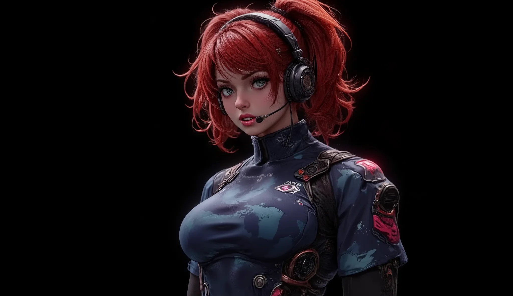 Side shot of the bust from head to chest of a 20 year old woman, high quality, 4k, she is a futuristic warrior, very pretty, redhead with abundant hair and two pigtails one on each side of the head, her wavy and messy hair falls on her small breasts. Tiny ...