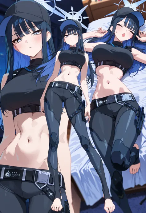 masterpiece, ((multiple views)), bedroom,
saori (blue archive), blue archive, 1girl, blue eyes, long hair, blue hair, black hair, colored inner hair, large breasts, navel, baseball cap, black headwear, halo,((stirrup legwear)), thighhighs, , toes, big brea...