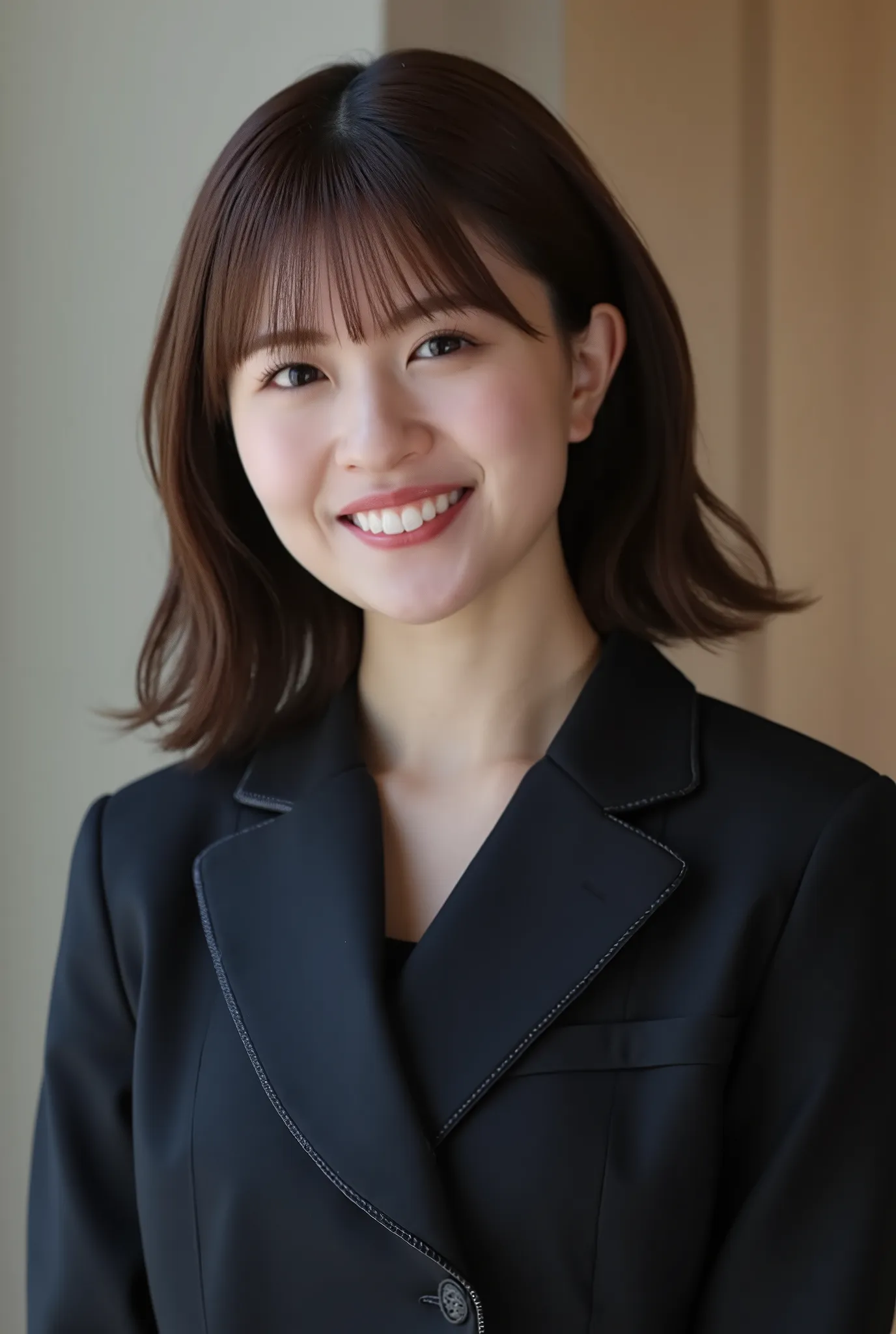 Neat Young Woman、and look at the camera、smile showing teeth、office lady suit、jacket、shirt、髪型ショートカット、 、dark eyeshadow、upper body、Background is in a room、