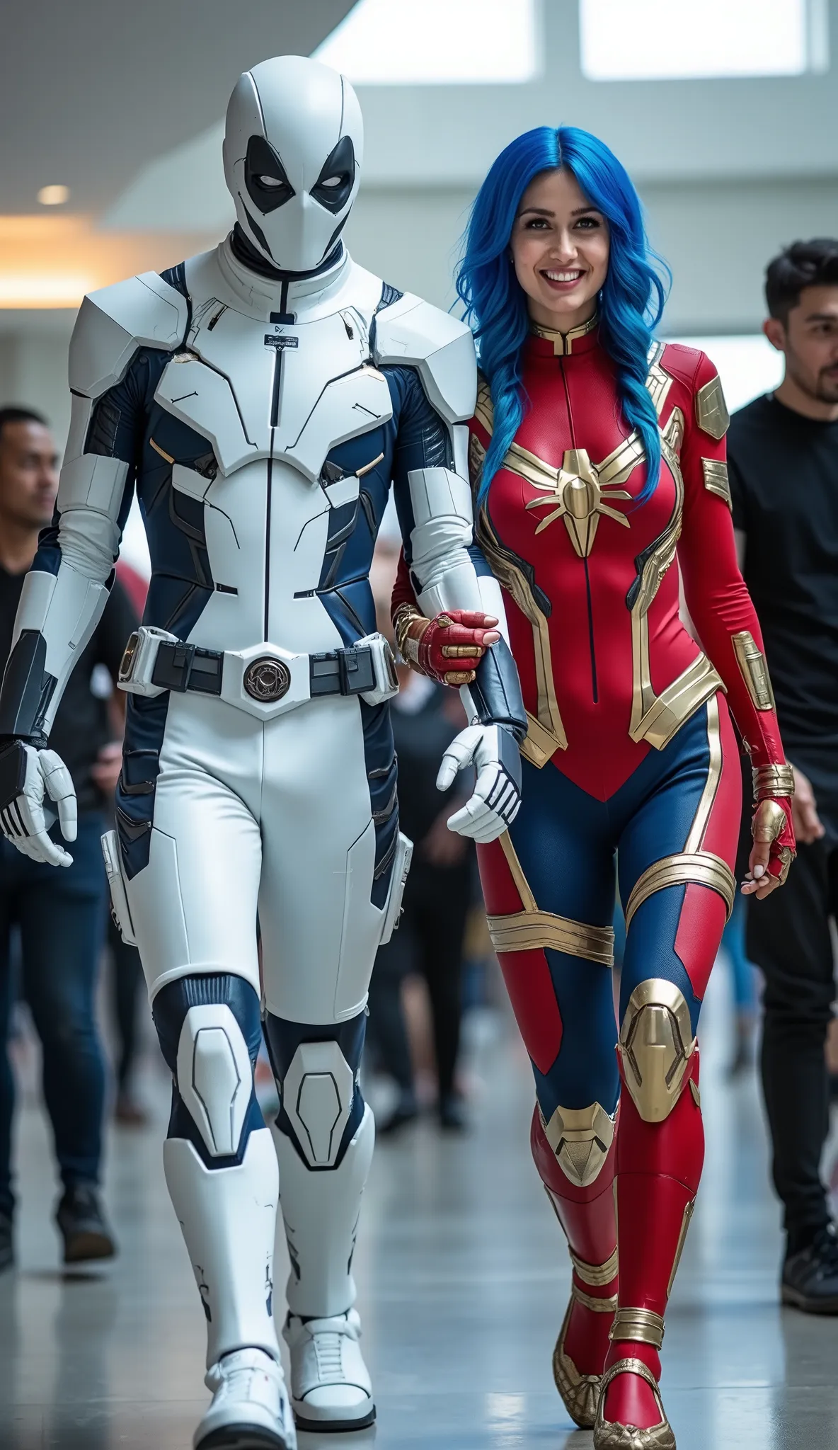 character: 1 man with mask full head Wearing futuristic white Deadpool body suit with blue silver armor futuristic white accents, and 1 woman with mask blue hair with two braids Wearing futuristic red Spiderman body suit with gold silver armor futuristic...