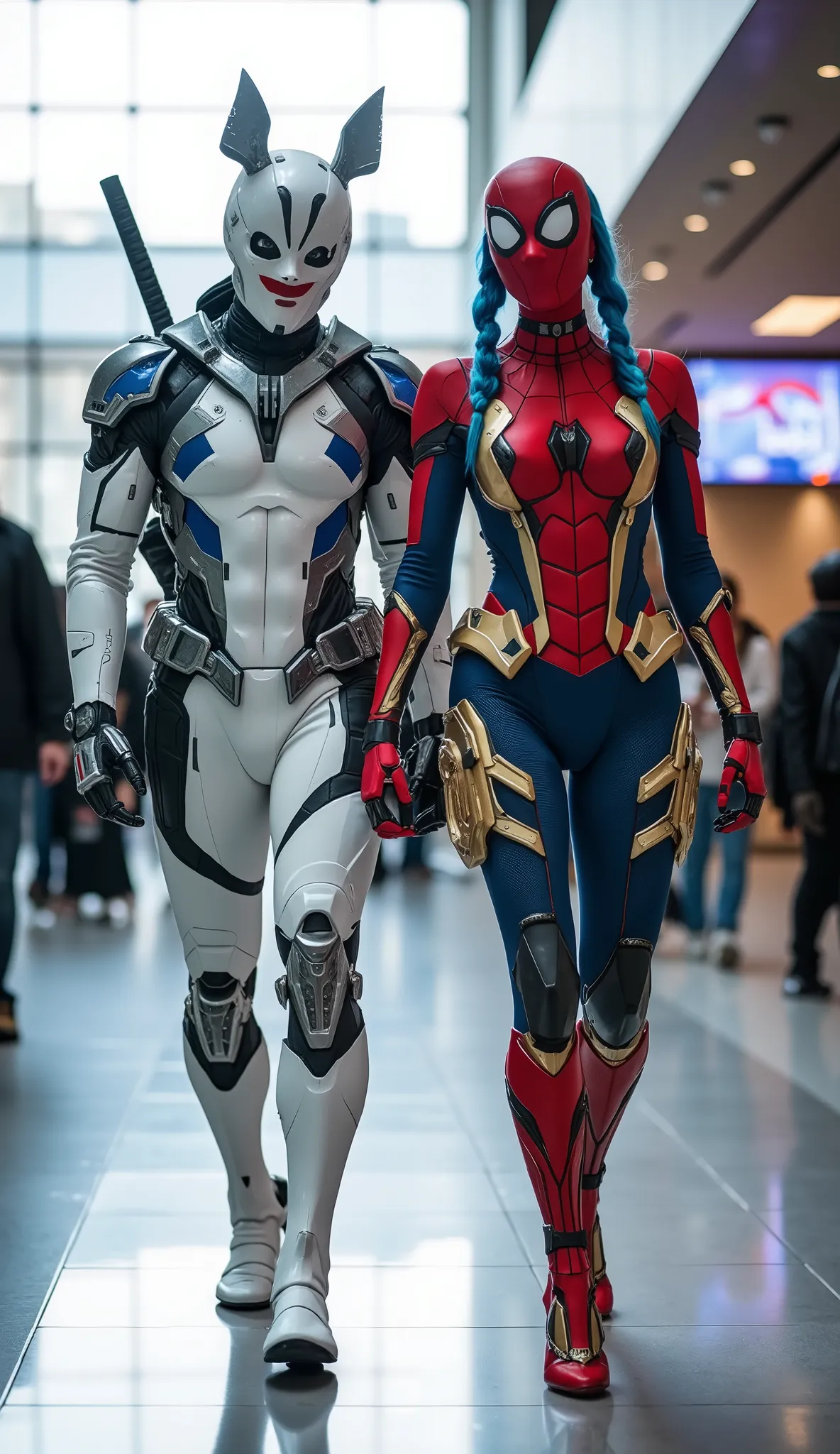 character: 1 man with mask full head Wearing futuristic white Deadpool body suit with blue silver armor futuristic white accents, and 1 woman with mask blue hair with two braids Wearing futuristic red Spiderman body suit with gold silver armor futuristic...