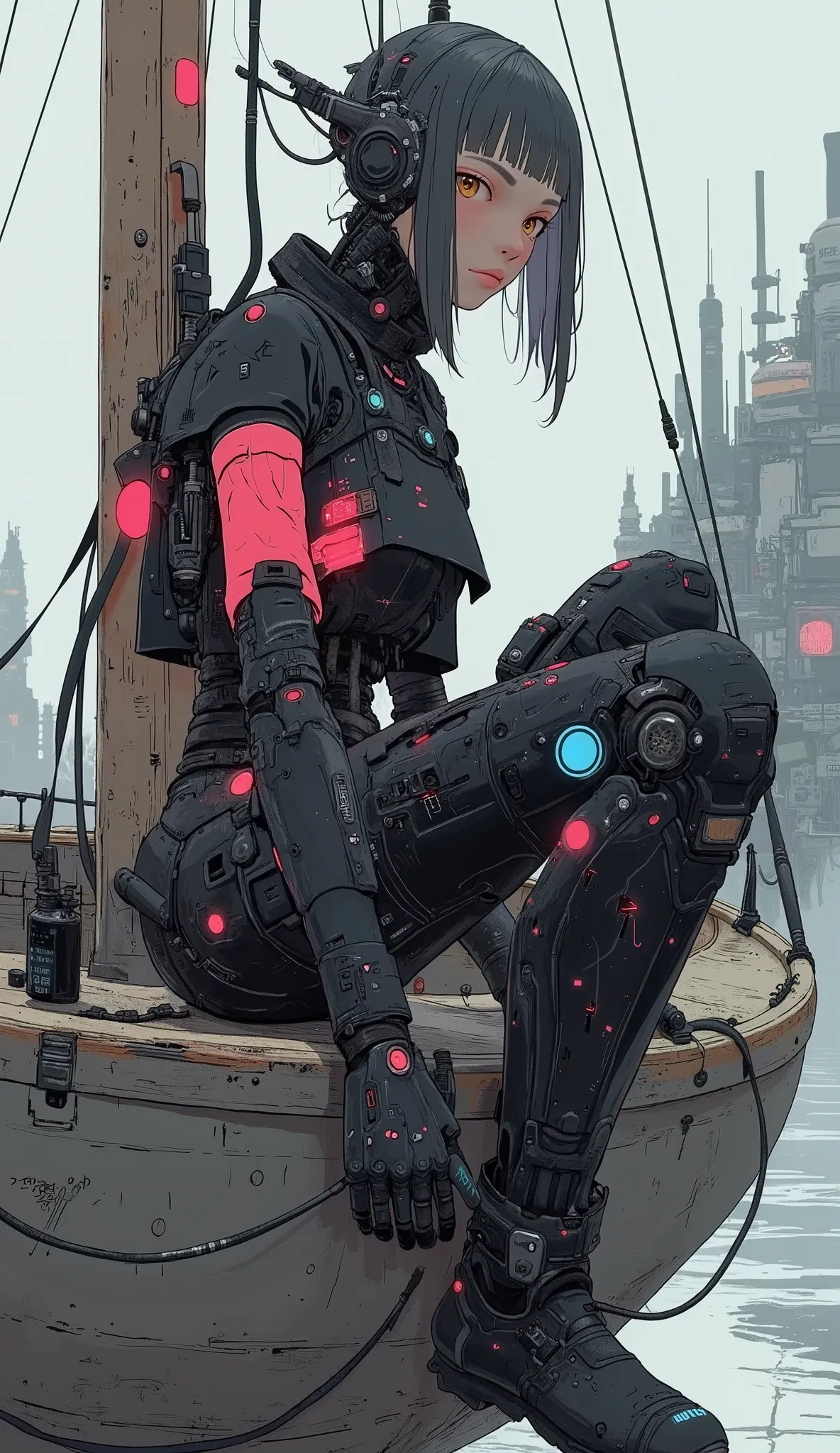woman、 wear a black suit、gun on a wooden sailboat, girl in mecha Cyber Armor, cyborg wasps , cybersuit, cyberpunk cyborg wasps , perfect anime cyborg woman, Female Cyborg, black and red armor, Female Mecha, female android, Futa Women's Blue Skin Rest , ...