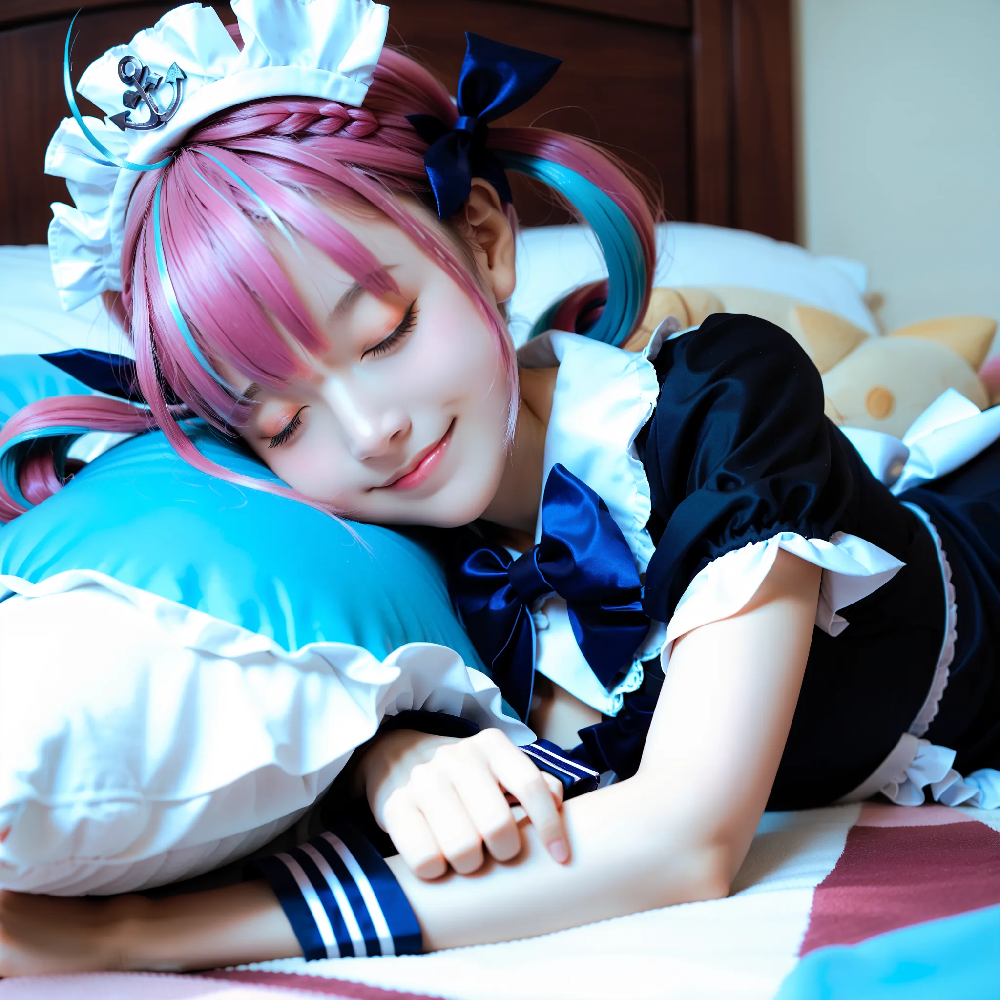masterpiece, Highest Quality, high definition, solo,aqua, pink hair from 2nd floor,twin tails, drill hair, maid headdress, chest, Short sleeve, Wrist cuffs,  cowboy shot, smile, bedroom,Pillow,Sleeping for a long time。sleeping on your back「湊aqua」,Sleeping ...