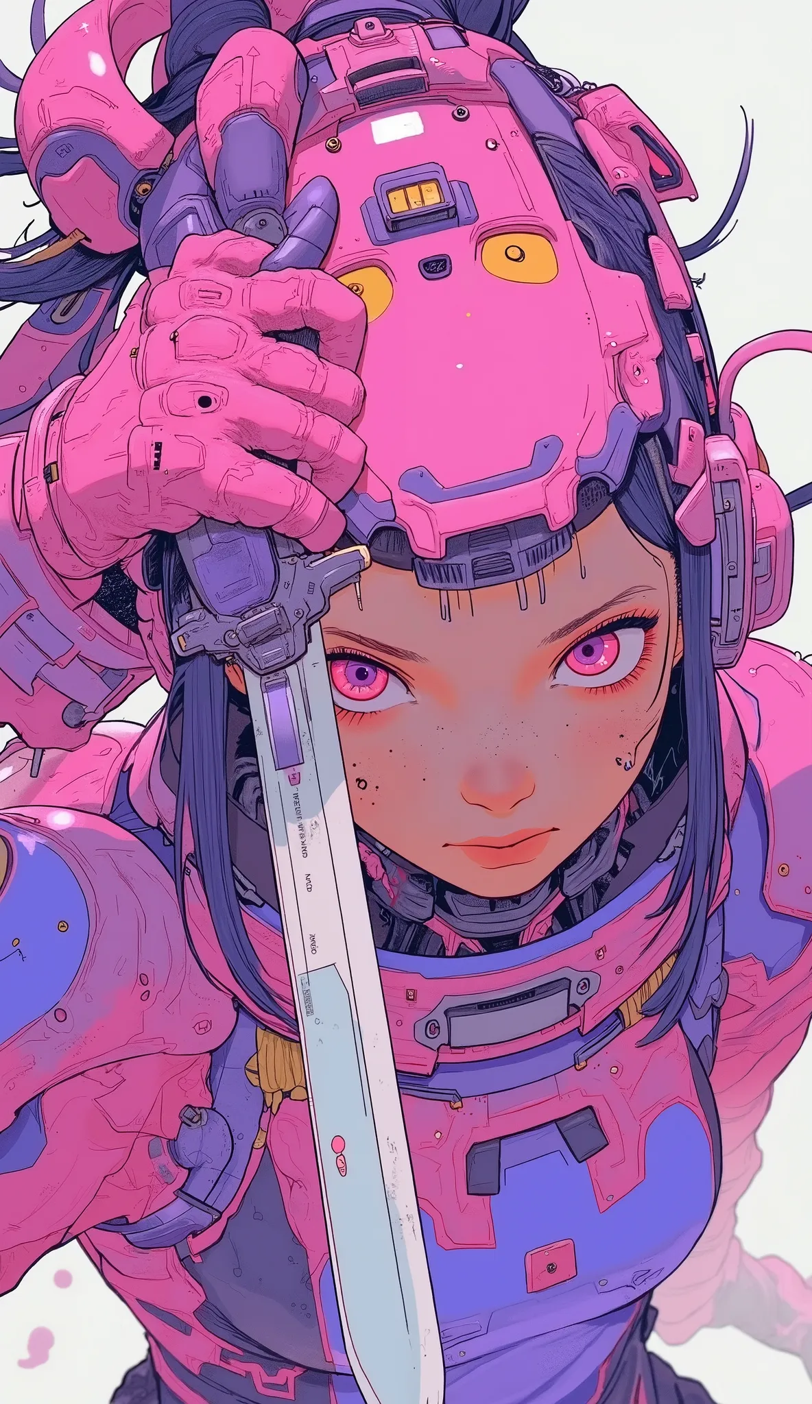 Close up view of a person holding a knife、Wearing Pink Clothes, the secret seventh Power Rangers, pink iconic character, Power Rangers, just a joke , PINK POWER , Shining Pink Armor , Shiny pink armor, Chris Moore. Artgel, comic cover art , beautiful co...