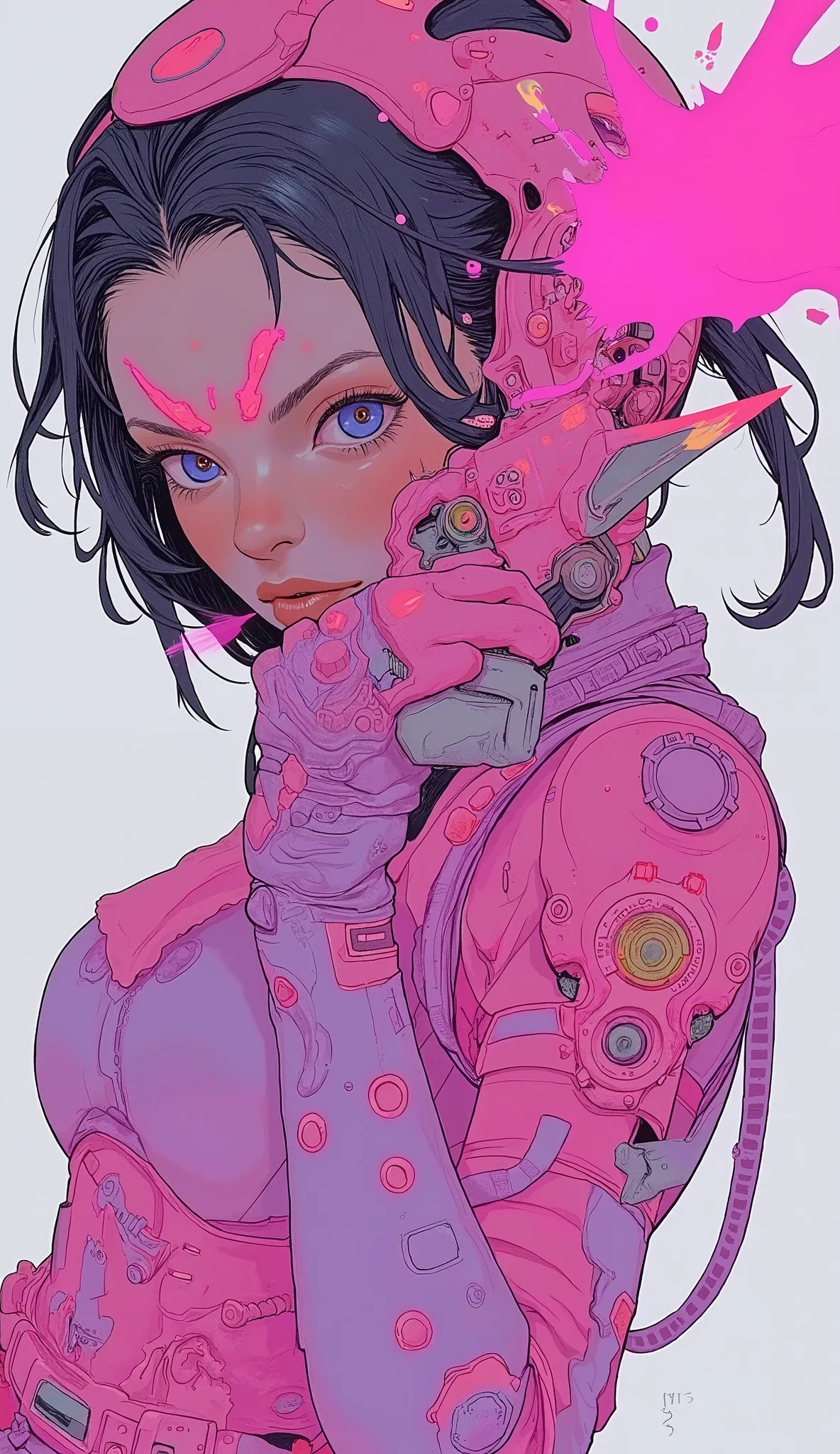 Close up view of a person holding a knife、Wearing Pink Clothes, the secret seventh Power Rangers, pink iconic character, Power Rangers, just a joke , big breasts、PINK POWER , Shining Pink Armor , Shiny pink armor, Chris Moore. Artgel, comic cover art , ...