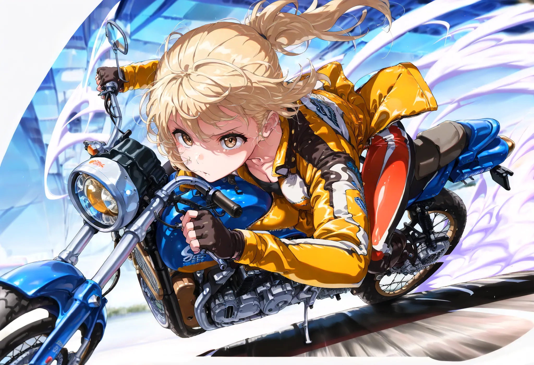 (((Best quality, 8k, Masterpiece: 1.3)), ((best quality)), ((masterpiece)), (detailed), a girl blonde, ponytail, Motorcycle rider, shiny riders jacket,riders pants,A gal driving a motorcycle, a sense of speed, Hair blowing in the wind, no helmet, Gripping...