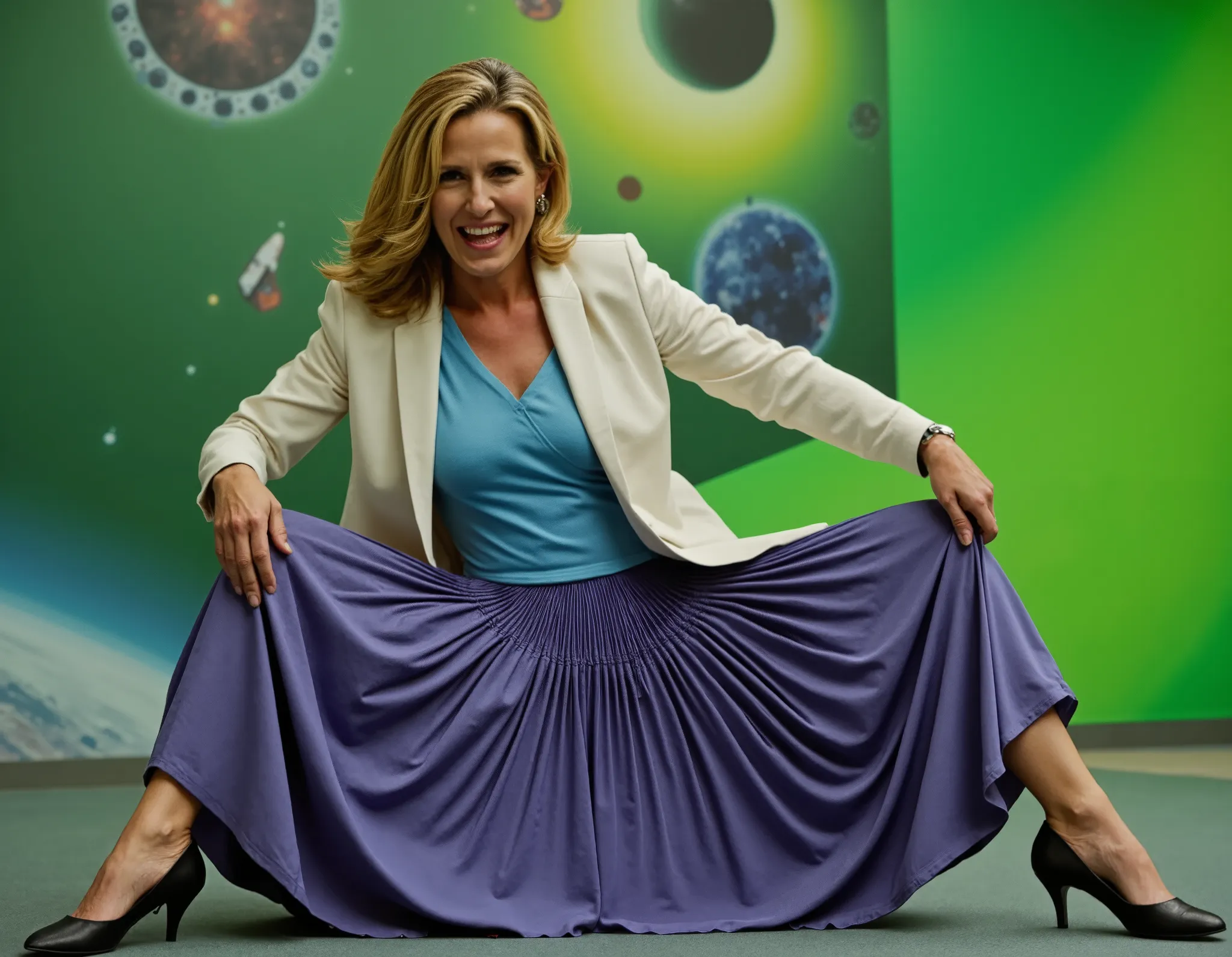 A stunning portrait of a mature woman sitting confidently on a desk in a vibrant space station backdrop. She spreads her legs daringly, with a long pleated skirt flowing around her. She wears a shoulder-padded uniform jacket and low-heeled office shoes, j...