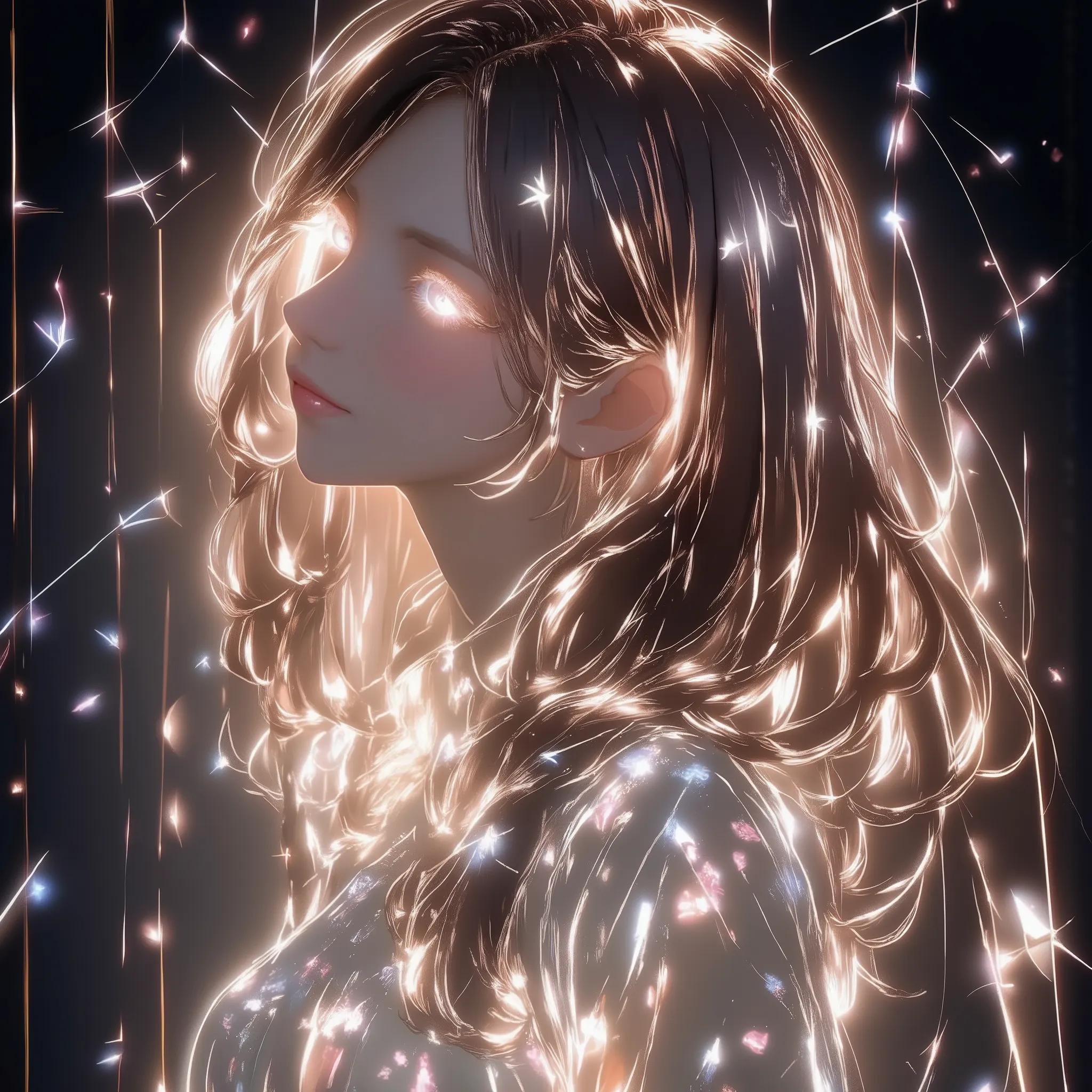 T5 style tips:
A mesmerizing artistic portrait of a young woman, Her hair flutters naturally,on the side. Her hair is adorned with luminous decorations, and complex patterns, appearing almost like glowing vines. The scene is shrouded in a dreamy glow, Wit...