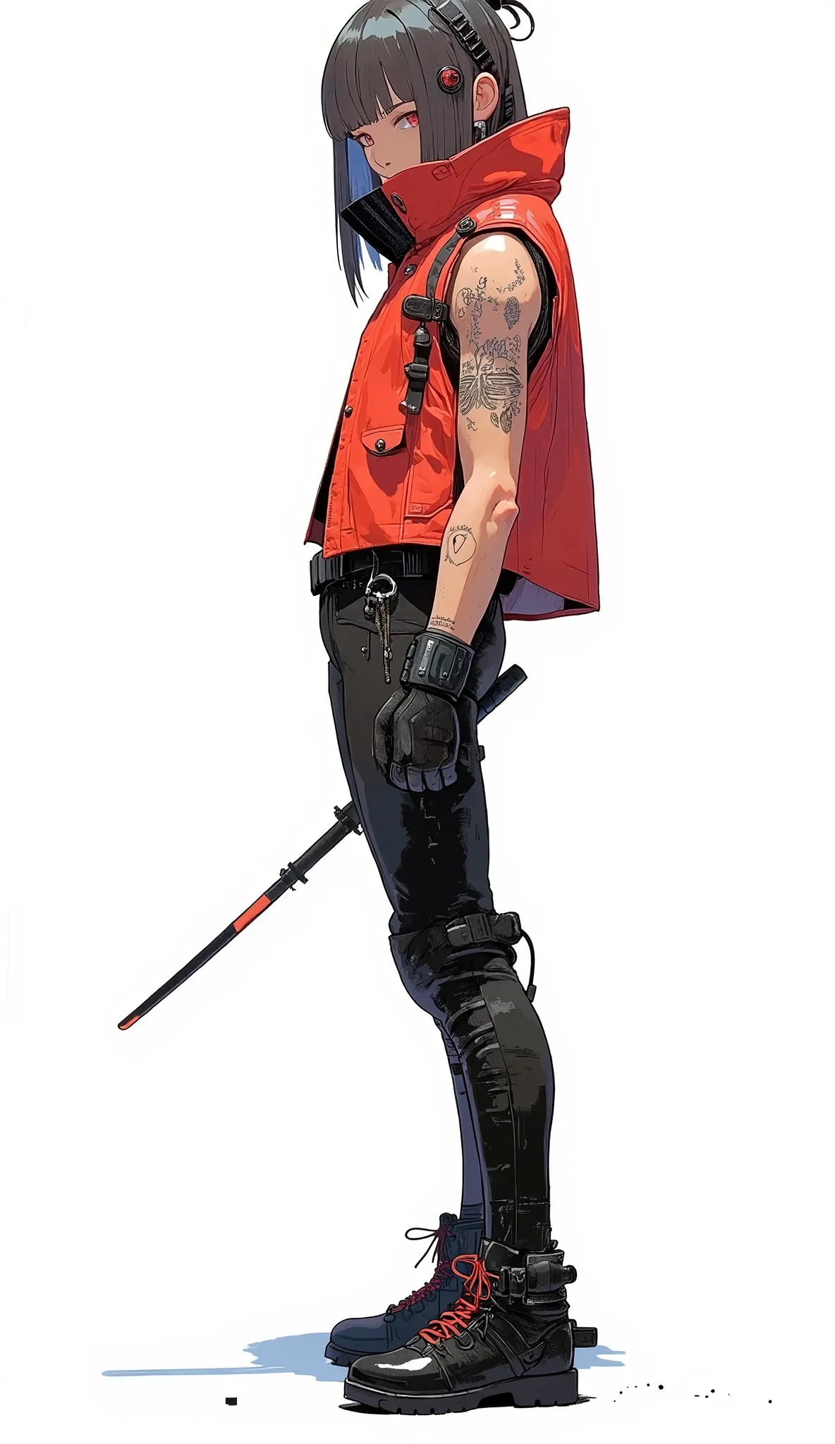 solo、ダイナミックな画像でteeth、depicts people wearing impressive costumes reminiscent of superheroes and action characters I'm doing. } 服装にteeth、includes a bright red leather vest with a sleeveless design, It has a bold cut、in the dynamic image. アンサンブルteeth、accented...