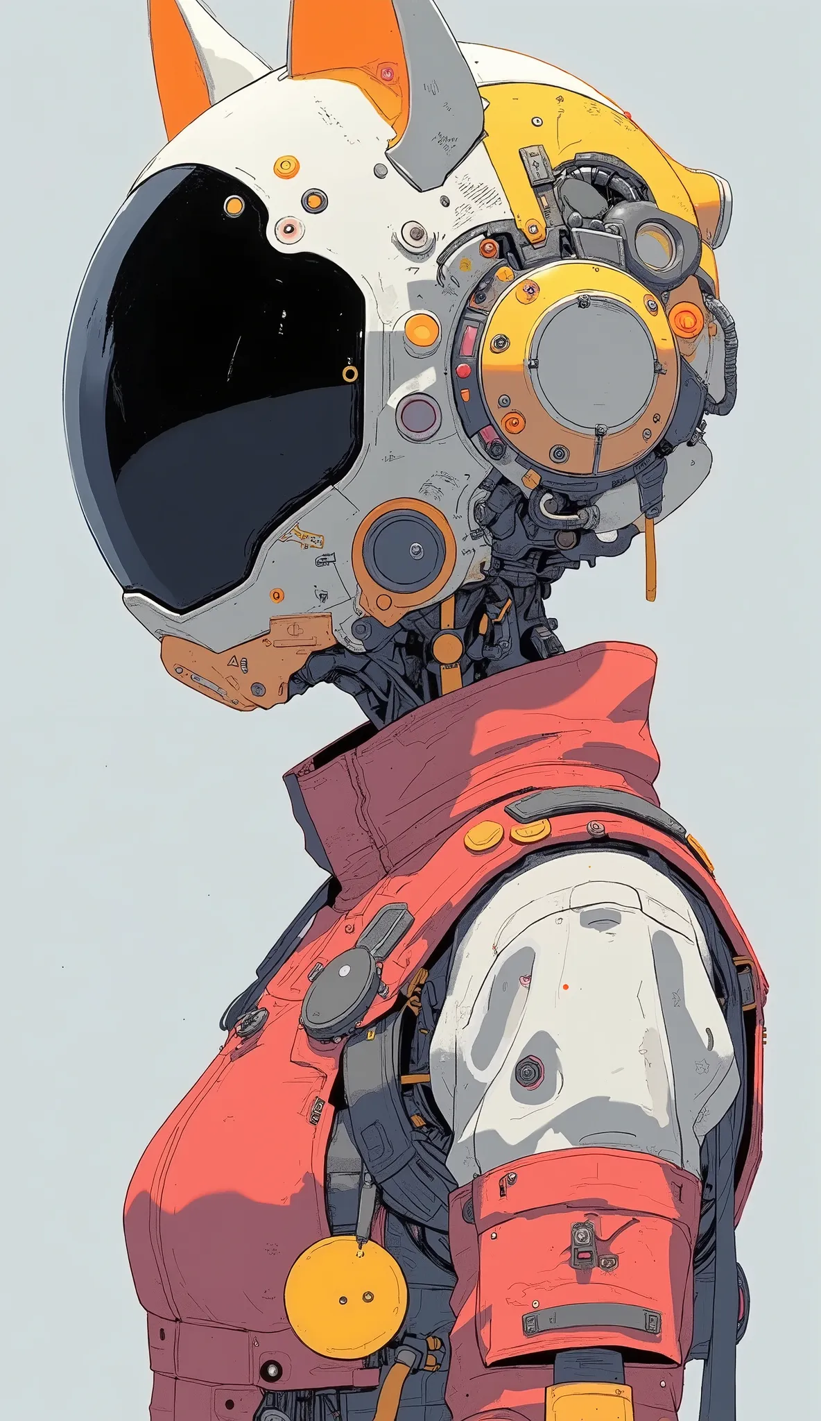 未来的なキャラクターが描かれています丸型の赤いエンブレムとYellowい三角形の警告サイン, The striking red, white, Yellow. This suit is 、隆起したショルダーパッドや胸を覆うYellowのハーネスのようなコンポーネントなどの複雑なディテールが特徴です. helmet, Main focus, completely conceals the bulbous, smooth, Large, , a shiny black visor that reflects l...