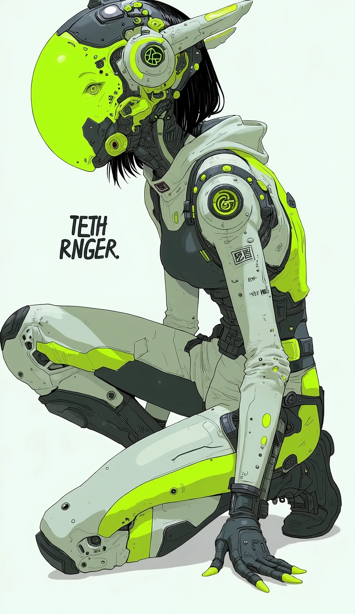 form-fit suits suggest the impact of technology and aerodynamics. The costume design is impressive, It makes use of the bright shades of green and white, text with bold black accents. This sophisticated , ヘルメットのデザインfor角張ったラインとAが取り入れられています複雑な構造, is reminisc...
