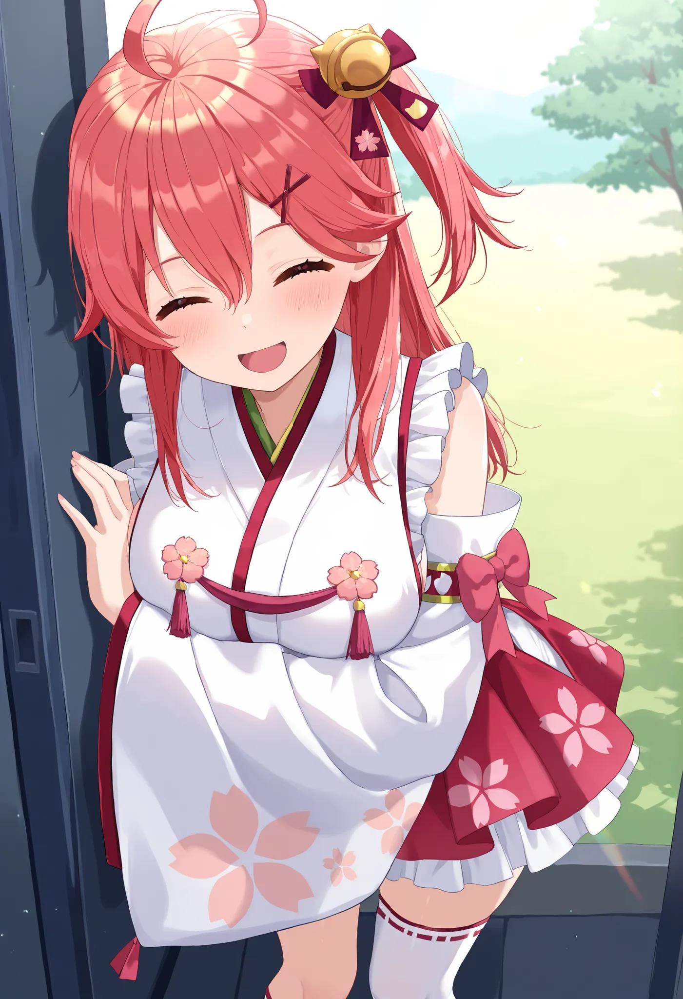 masterpiece, best quality, highres, miko1, sakura_miko, young_1teen_girl, large_breasts, solo, ahoge, x_hair_ornament, light_red_hair,blush, floral print, hairclip,(side_less_clothes:1.5), side_breasts, hair_bell, floral print, long_hair, hair between eyes...