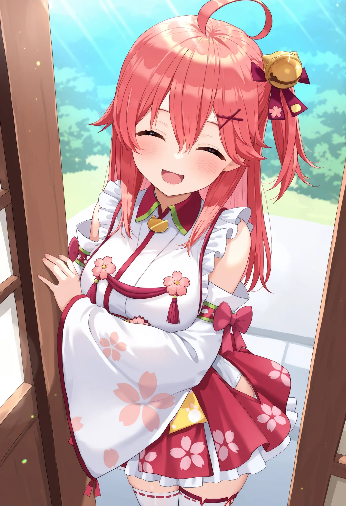 masterpiece, best quality, highres, miko1, sakura_miko, young_1teen_girl, large_breasts, solo, ahoge, x_hair_ornament, light_red_hair,blush, floral print, hairclip,(side_less_clothes:1.5), side_breasts, hair_bell, floral print, long_hair, hair between eyes...