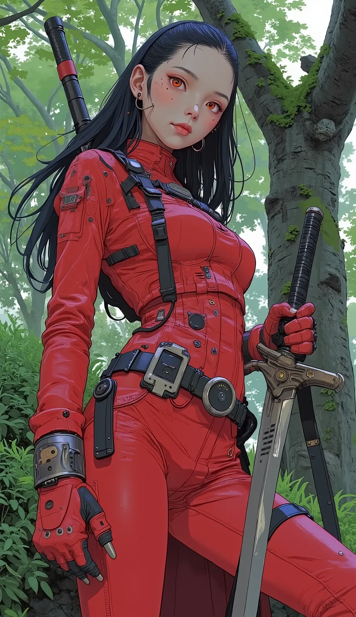 Carafe woman in red leather costume posing with a sword, supervillain as Park Shin-hye, King of Fighters characters, Katana Zero Video Game Characters, Tekken characters , Yaoi Kasuma , Tan Xinyun Sandara in the role of a woman in Arafe, Asuka, Red and b...