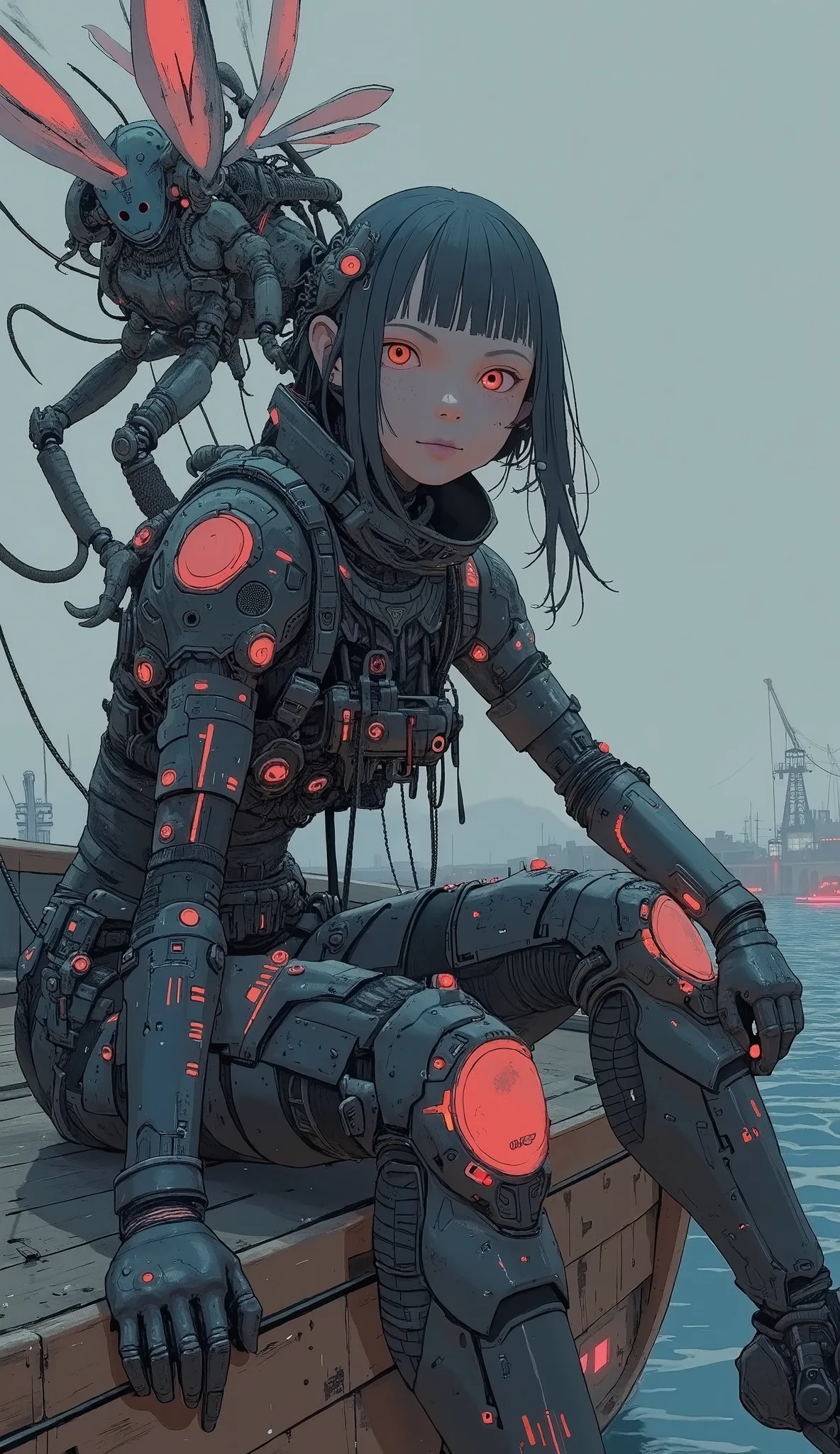 sex closeup、 wear a black suit、gun on a wooden sailboat, girl in mecha Cyber Armor, cyborg wasps , cybersuit, cyberpunk cyborg wasps , perfect anime cyborg woman, Female Cyborg, black and red armor, Female Mecha, female android, Futa Women's Blue Skin Re...