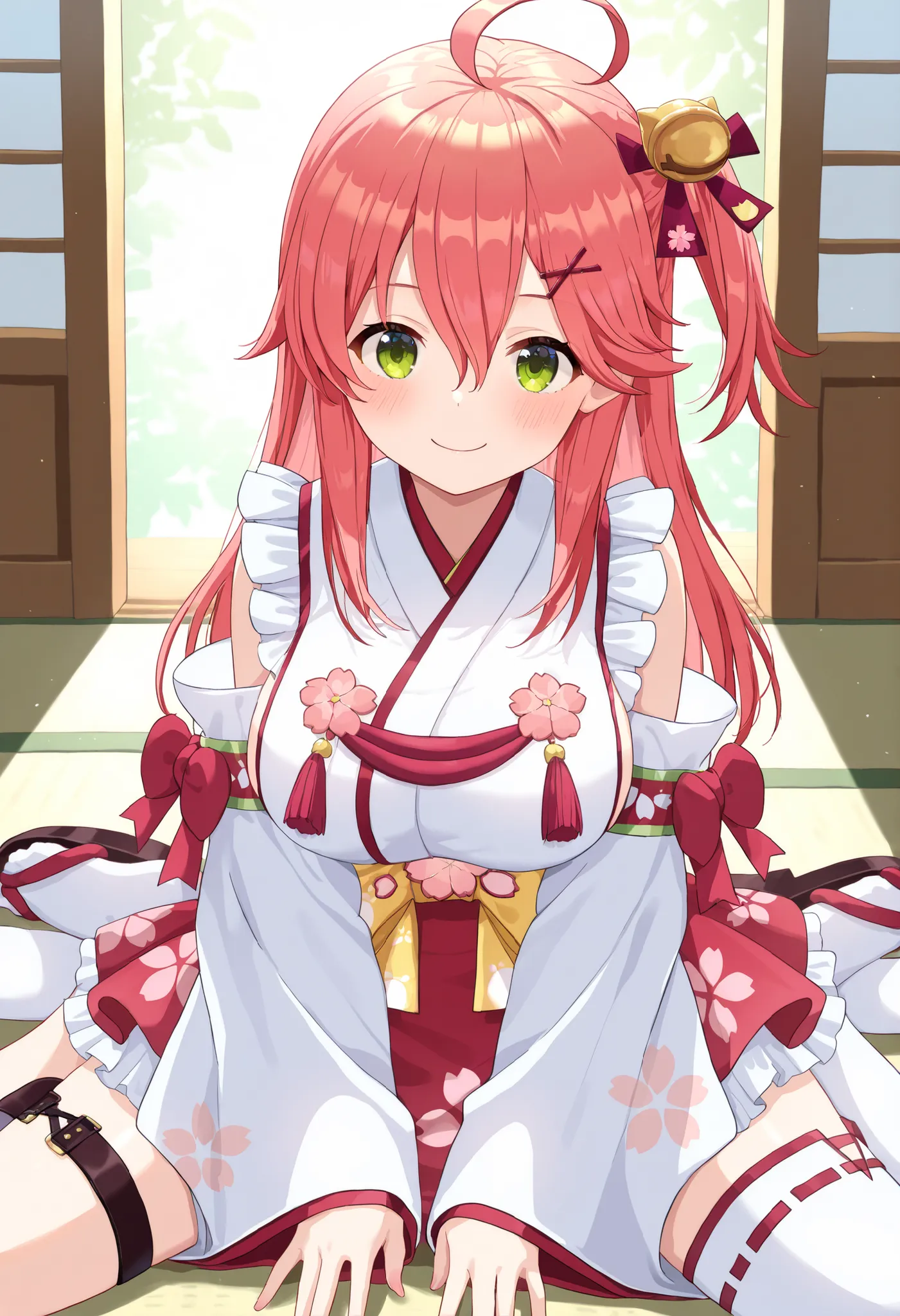 masterpiece, best quality, highres, miko1, sakura_miko, young__1girl, large_breasts, solo, ahoge, x_hair_ornament, light_red_hair,blush, floral print, hairclip,(side_less_clothes:1.5), side_breasts, hair_bell, floral print, long_hair, hair between eyes, on...