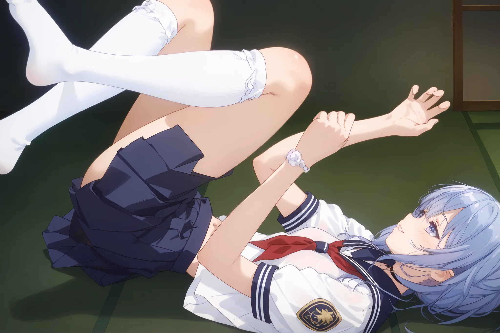 A girl lying on a tatami mat、high school girl、white high socks、ribbed high socks、Pure white socks、sailor suit、pleated miniskirt、uniform、masterpiece、Highest Quality、beautiful skin、Delicate Expression、Calm Look、natural posture、fine texture、sunlight、Soft Ligh...