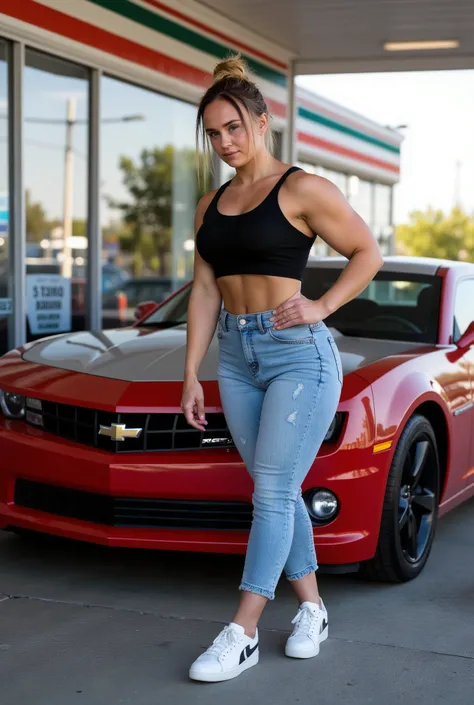 Scandinavian blonde woman, cabelo claro, messy bun, clear tanned skin, cintura fina, quadril grande, pernas musculosas, larger-than-normal butt,  e redondos, Leaning with attitude in front of a sports car  (Camaro SS), in front of an urban convenience stor...