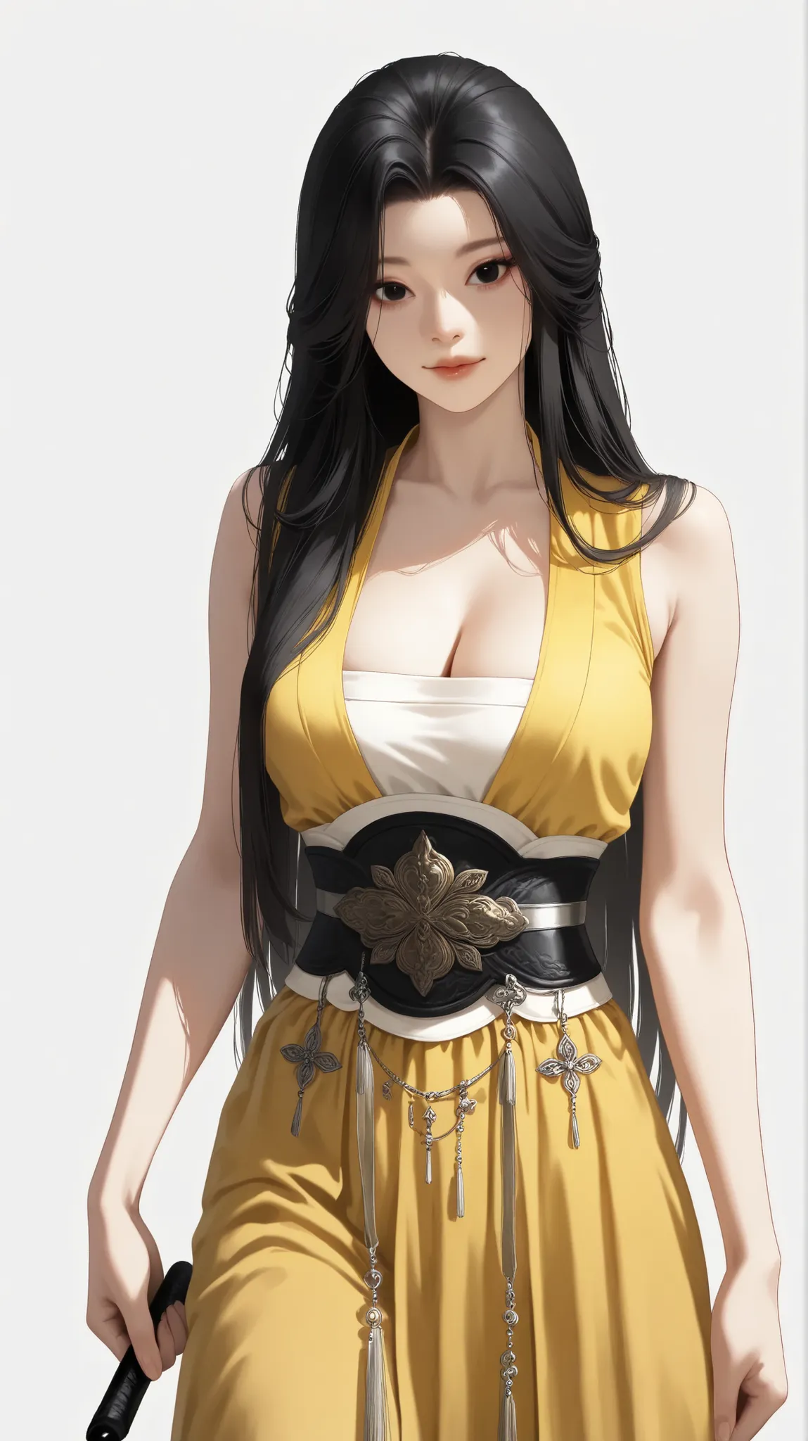 very aesthetic, 걸작, 고해상도, 8k 해상도, high contrast, semrealistic, newest, koreanai, best_quality, finely_detailed_eyes_and_detailed_face, (1 woman), kikuchihina, black_eyes, black_hair, chill out, cute, long_hair, matted_hair, yellow Hanfu, dirty_hanfu, fancy...