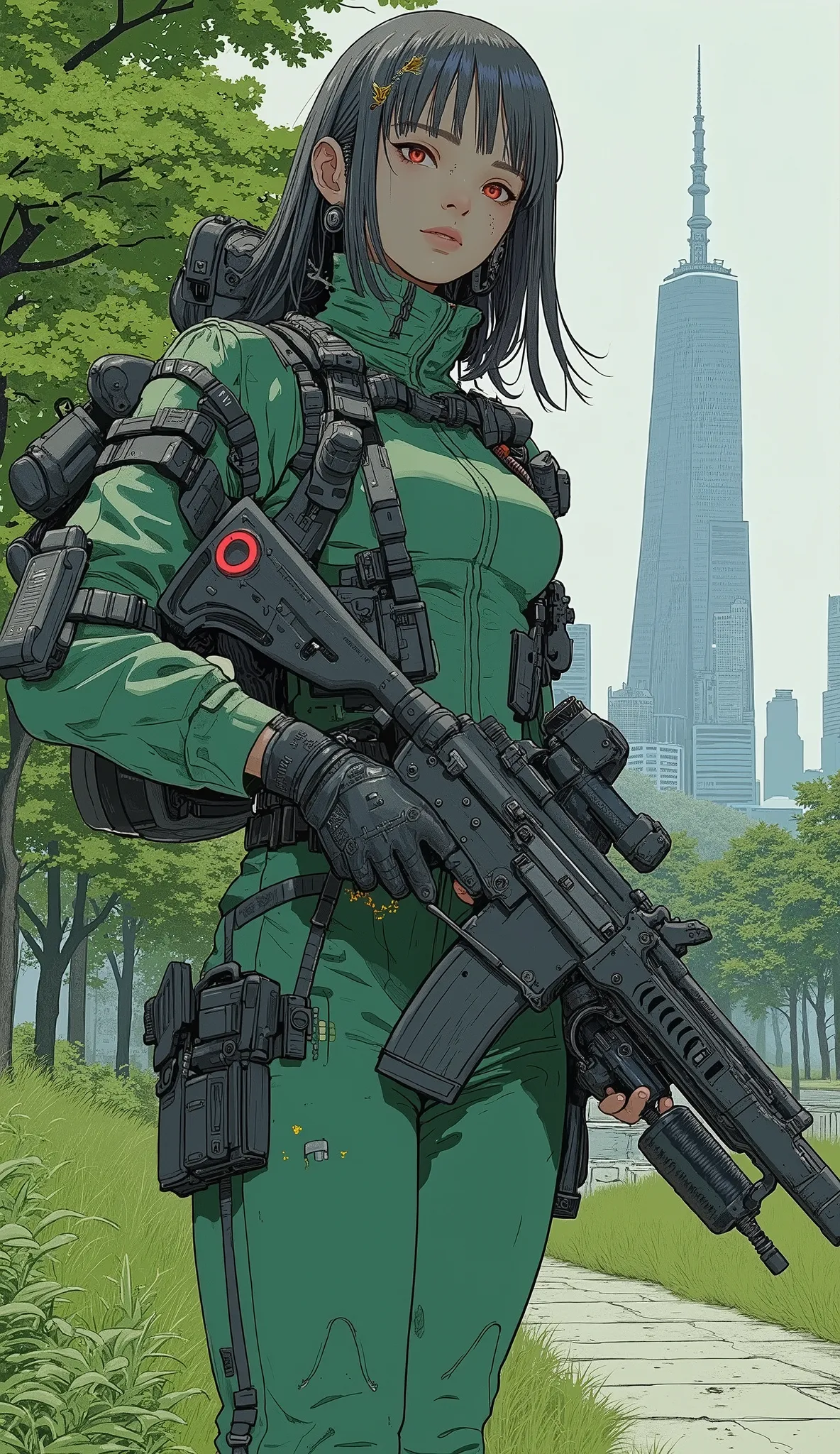 Carafe woman in a green leather costume posing with a rifle, supervillain as Park Shin-hye, King of Fighters characters, Katana Zero Video Game Characters, Tekken characters , Yaoi Kasuma , Tan Xinyun Sandara in the role of a woman in Arafe, Asuka, Red a...