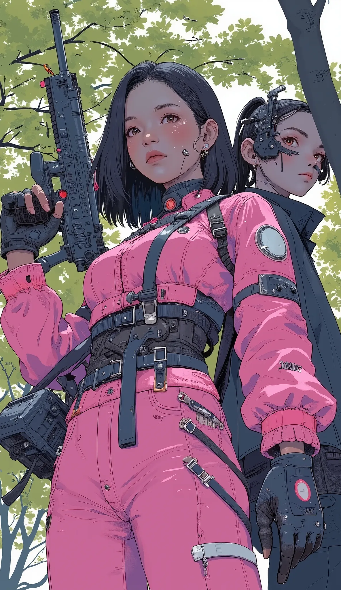 Carafe woman in pink leather costume posing with rifle, supervillain as Park Shin-hye, King of Fighters characters, Katana Zero Video Game Characters, Tekken characters , Yaoi Kasuma , Tan Xinyun Sandara in the role of a woman in Arafe, Asuka, Red and bl...