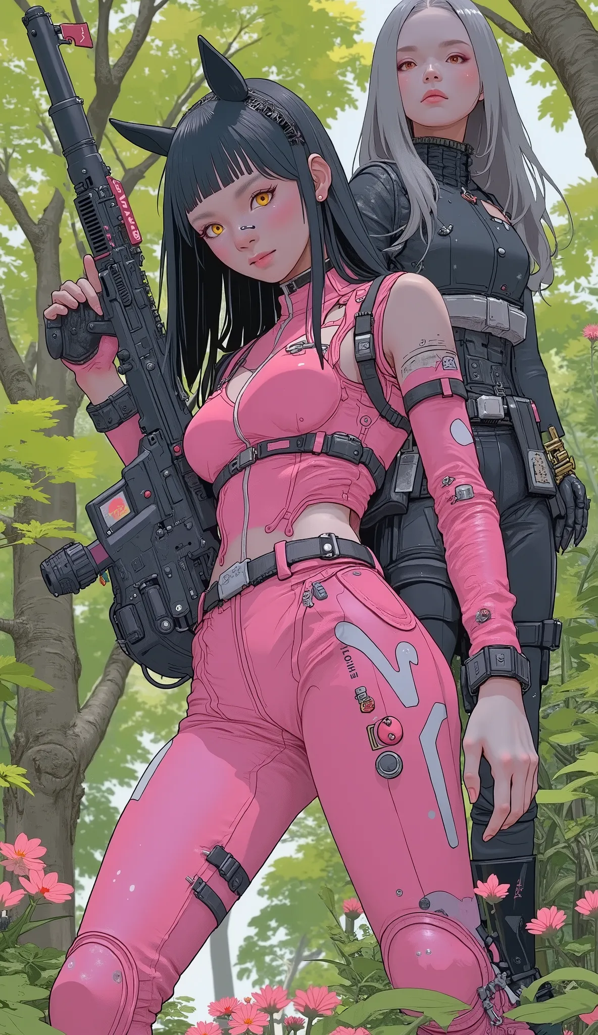 Carafe woman in pink leather costume posing with rifle, supervillain as Park Shin-hye, King of Fighters characters, Katana Zero Video Game Characters, Tekken characters , Yaoi Kasuma , Tan Xinyun Sandara in the role of a woman in Arafe, Asuka, Red and bl...